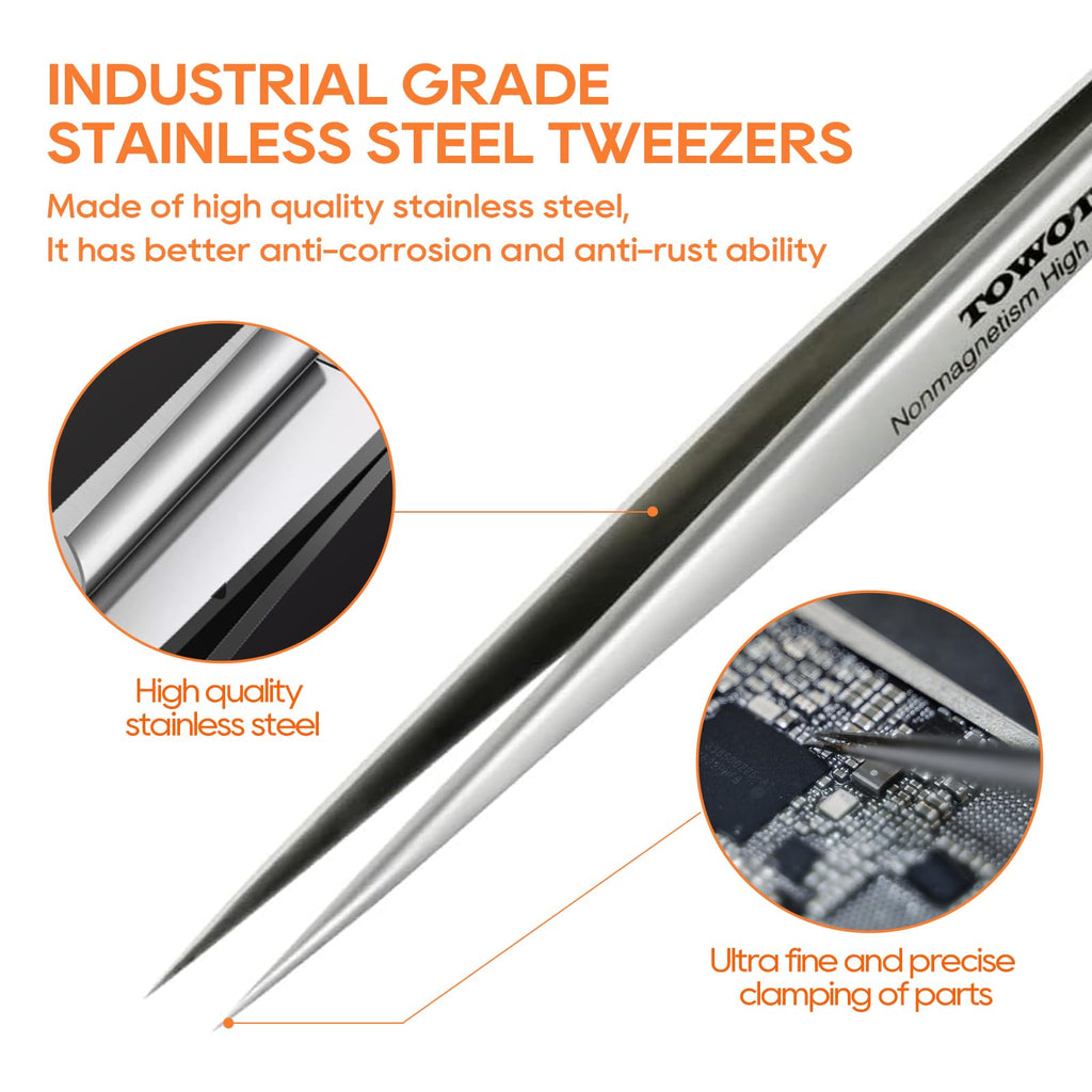 Precision Tweezers, Stainless Steel Pointed Ultrafine Tweezers for Craft, Electronics, Soldering, Experimental Work, Jewelry-Making, Non-Magnetic Industrial Tweezers, by TOWOT