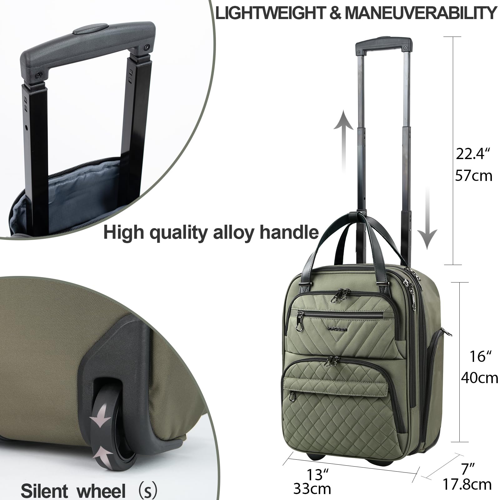 KROSER Carry On Underseat Multi-functional, 16-inch Underseater Lightweight Overnight Suitcase for Women, Army Green