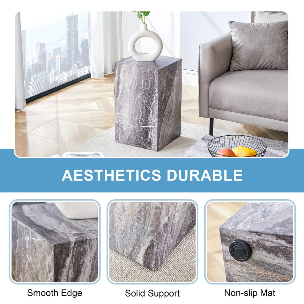Round Coffee Table, 23.6" Modern Grey Faux Marble Drum Coffee Table, Round Accent Center Table for Living Room Apartment Small Spaces, No Assembly Required