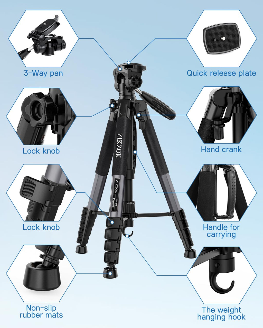 75" Camera Tripod, Aluminum Heavy Duty Camera Stand for ipad Phone, Travel Tripod with/Carry Bag/Phone Tablet Holder, Compatible with Canon Nikon Sony DSLR, Spotting Scopes, Max Load 15 Lb(Black)