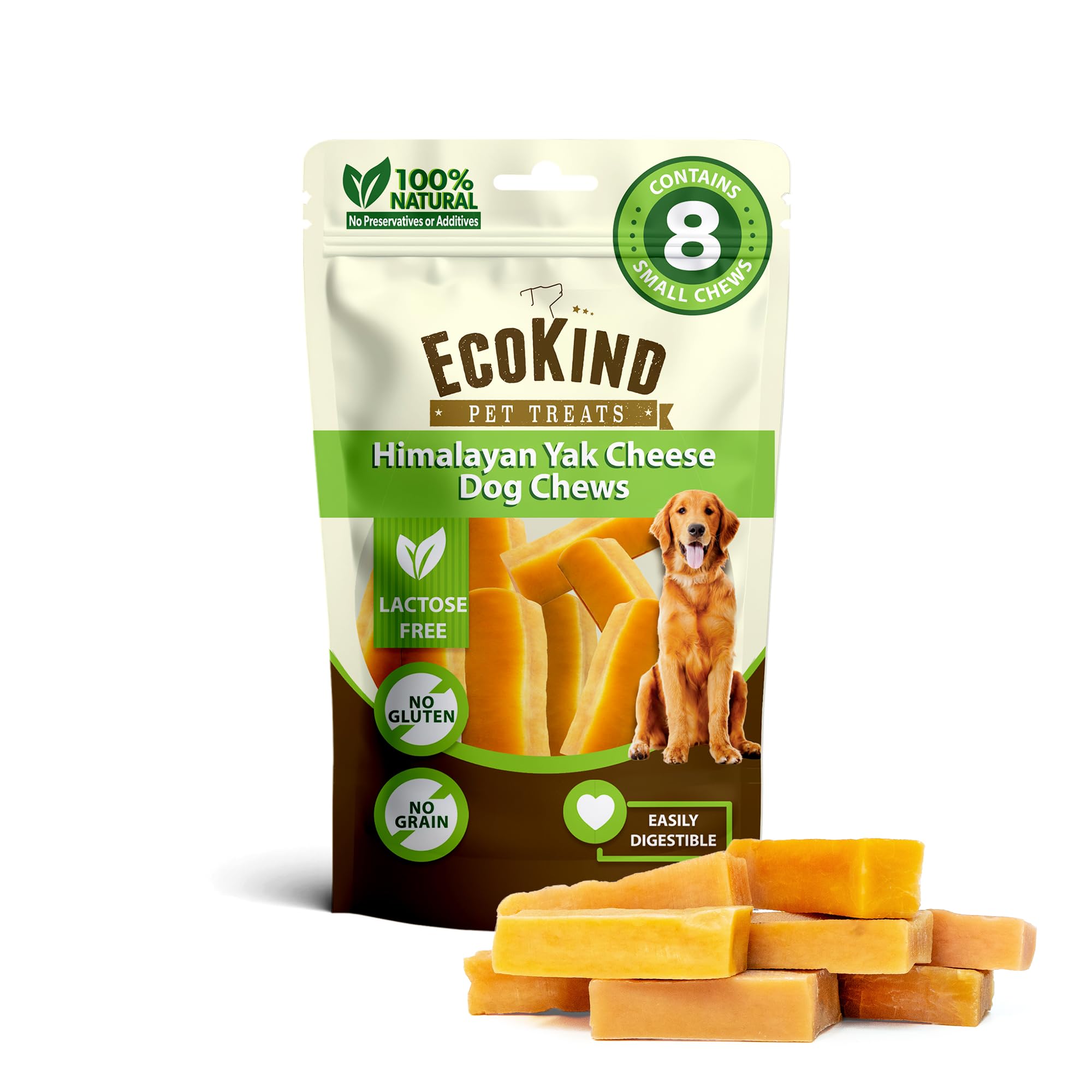 EcoKind Yak Cheese Himalayan Dog Chews, Yak Chews for Small Dogs, Long Lasting Bone for Aggressive Chewers, Only 3 Ingredients, Natural High Protein Treat, No Additives, Lactose Free, Small - 16 Chews