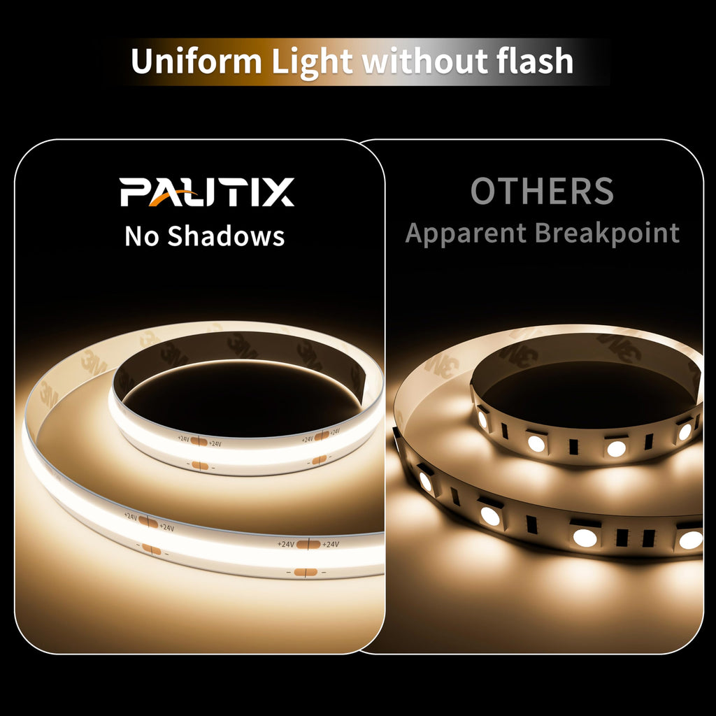 PAUTIX COB LED Strip Neon Rope Light 16.4ft/5m, 2700K Warm White 504 LEDs/m 24V,Silicone LED Neon Light IP68 Waterproof for Outdoor Indoor Lighting Decor(Power Supply NOT Included)