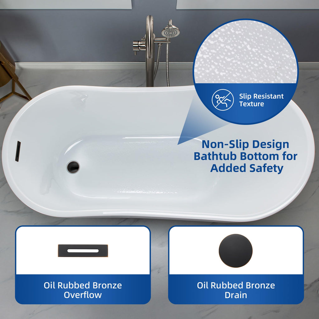 WOODBRIDGE 59" Acrylic Freestanding Bathtub Contemporary Soaking White Tub with Brushed Gold Overflow and Drain， B1530 -BG-Drain &O