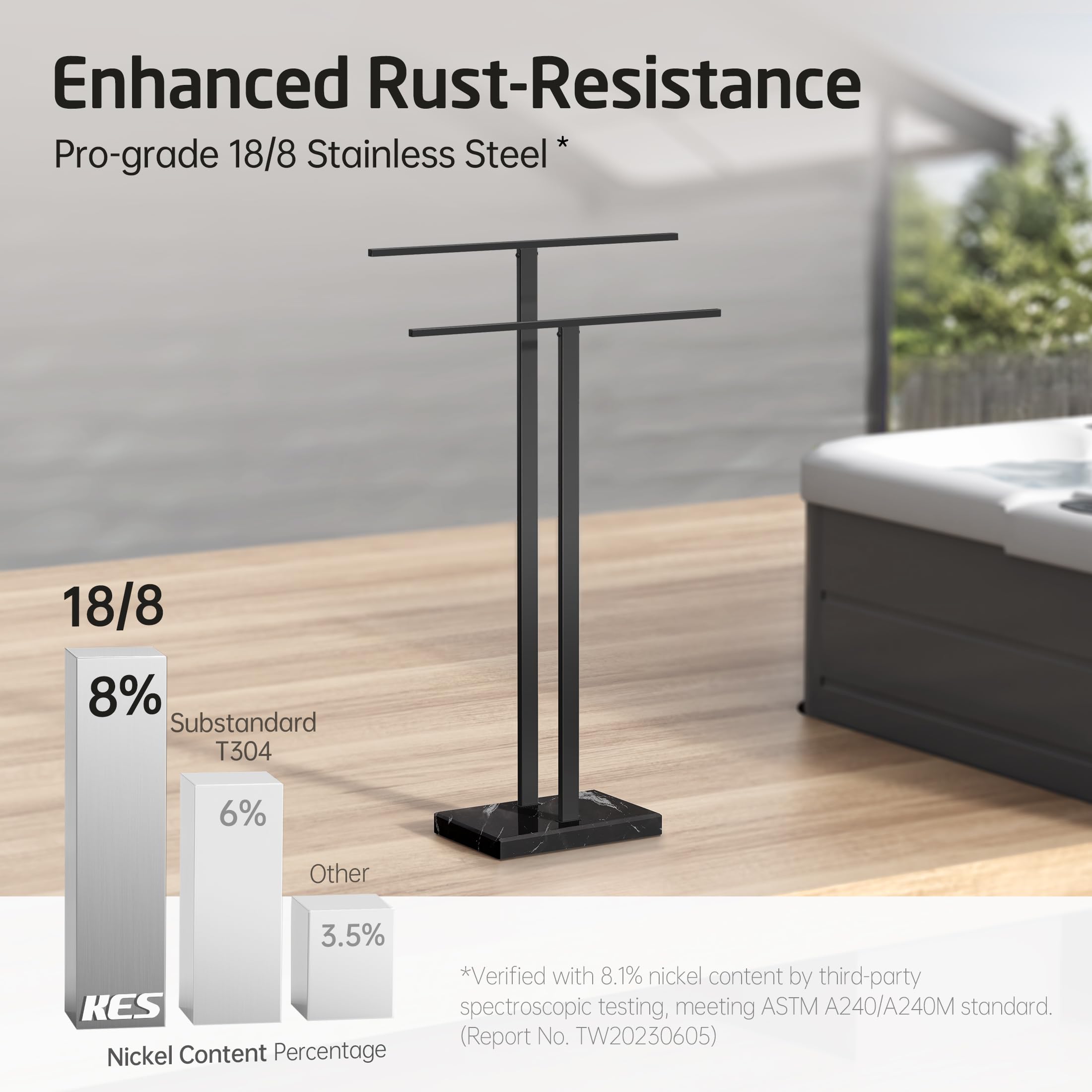 KES Standing Towel Rack with Black Natural Marble Base, 2-Tier Towel Rack Stand for Bathroom Floor, Bath Towel Holder Fits Bath Towel & Hand Towel,18/8 Stainless Steel, BTH217-BBK