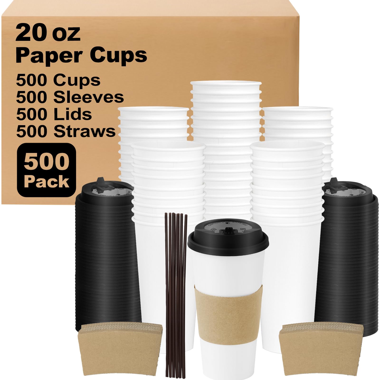 16 oz 100 Pack Corrugated Ripple Wall Disposable Coffee Cups with Lids and Straws, Heavy Duty Insulated Cups for Hot Beverage or Cold Drinks, Bulk for Restaurants, Offices, Coffee Shops(Black)