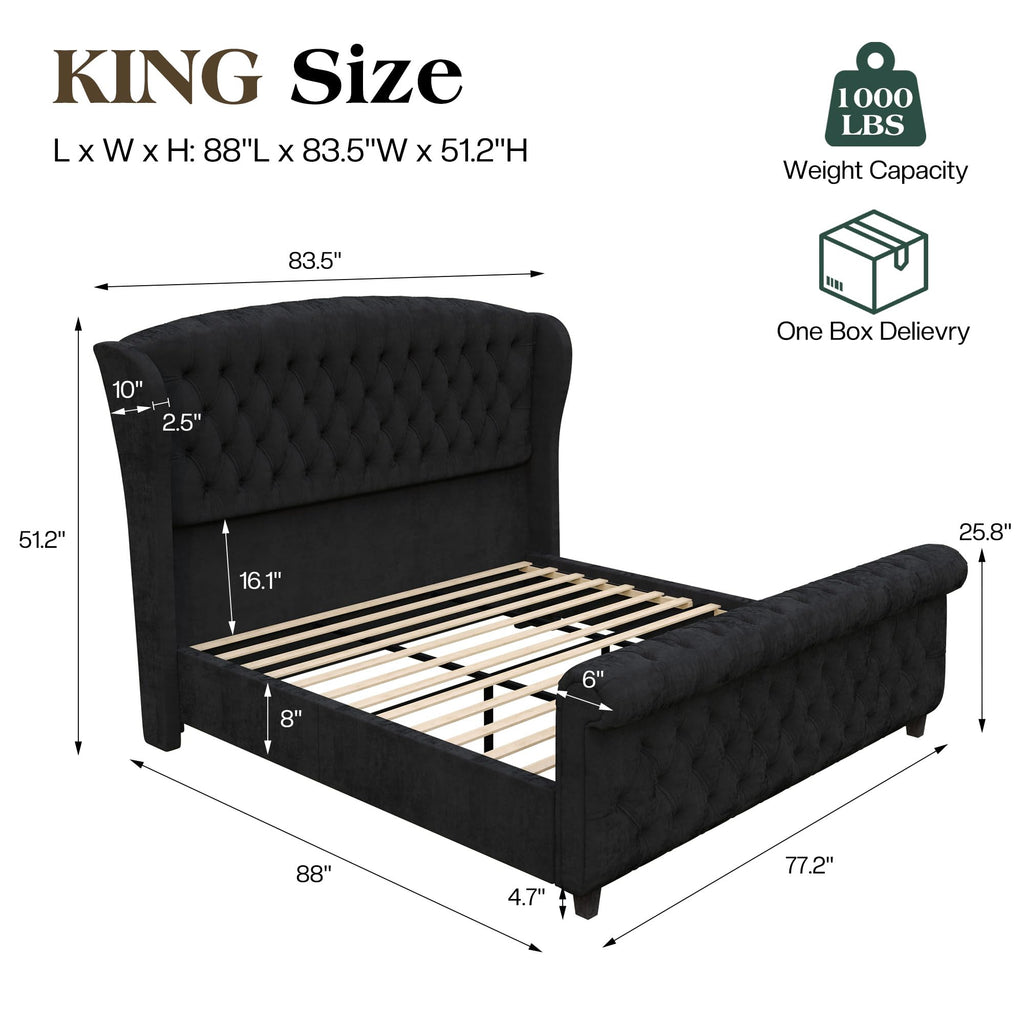 LUXOAK Queen Size Platform Bed Frame, Velvet Upholstered Sleigh Bed with Curved Headboard & Footboard, Deep Button Tufted, Wood Slats Support, No Box Spring Needed, Black