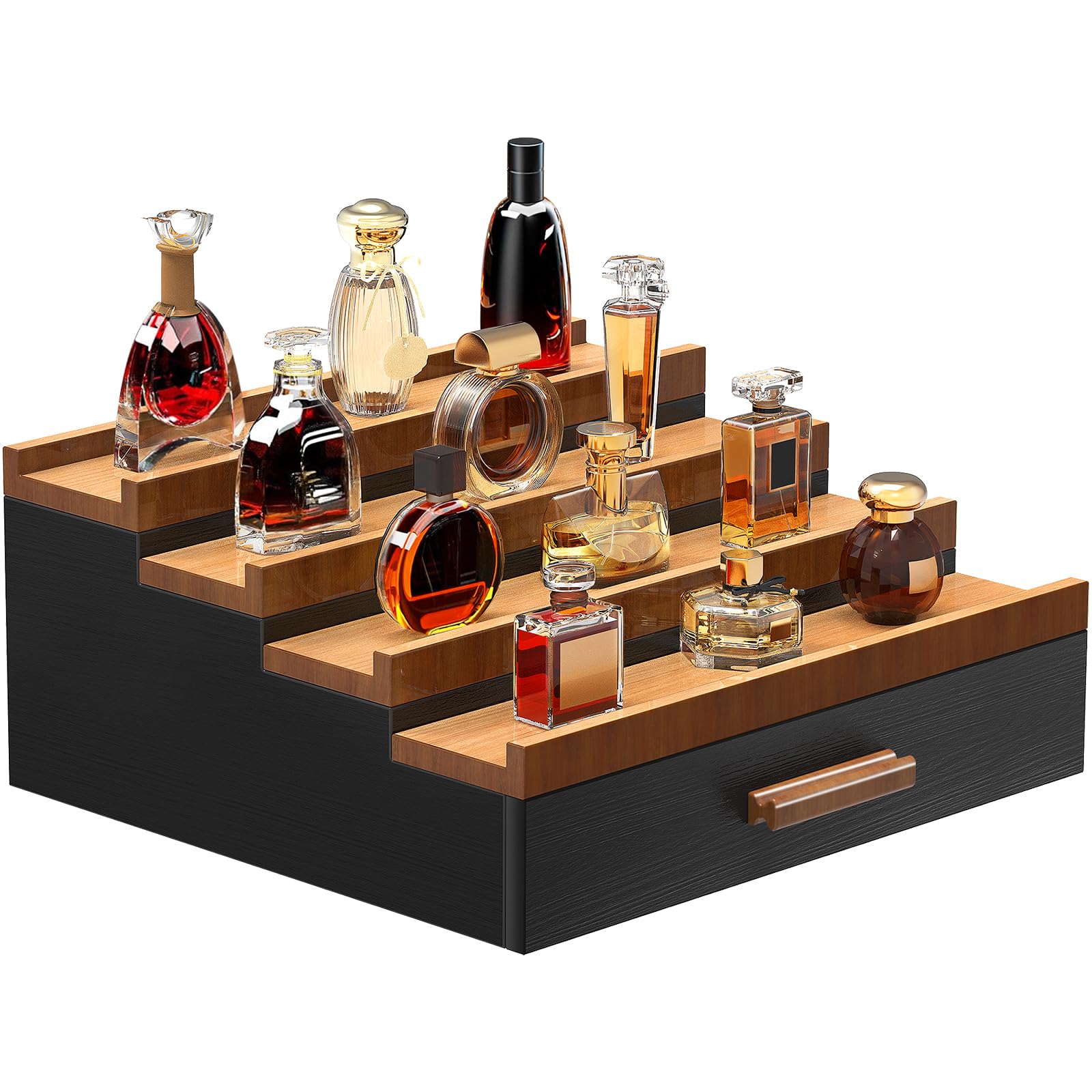 Wooden Cologne Organizer for Men 4 Tier of Perfume Display Holder of Drawer & 2 Hidden Compartments Larger Storage Space Mens Perfume Organizer Shelf Stand,Gift for Man (4T-Black Walnut)