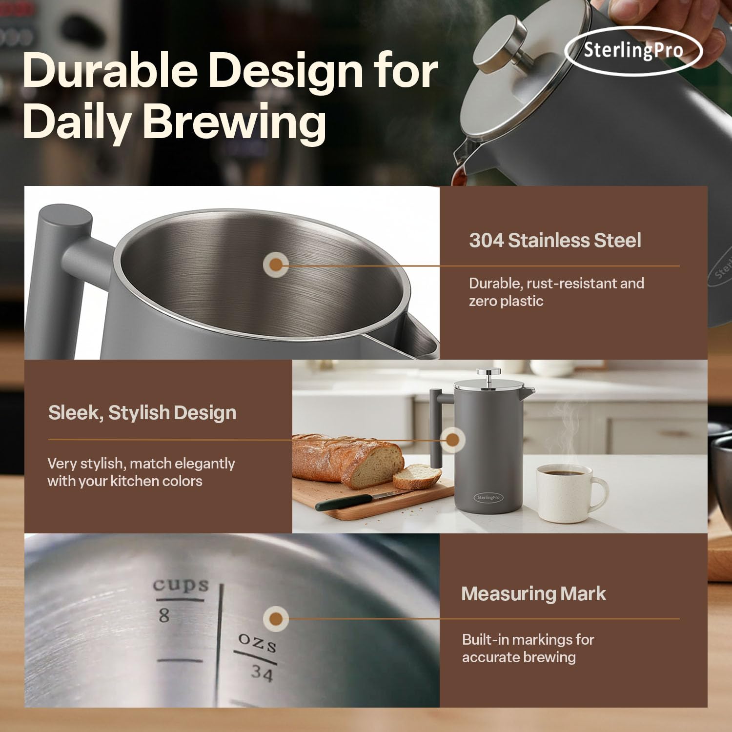 SterlingPro Stainless Steel French Press Coffee Maker 1 L (34 oz) Black – Double Walled Insulated Large Coffee Press, Durable Design Keeps Drinks Hot, Easy to Use and Clean for Rich Flavor Brewing