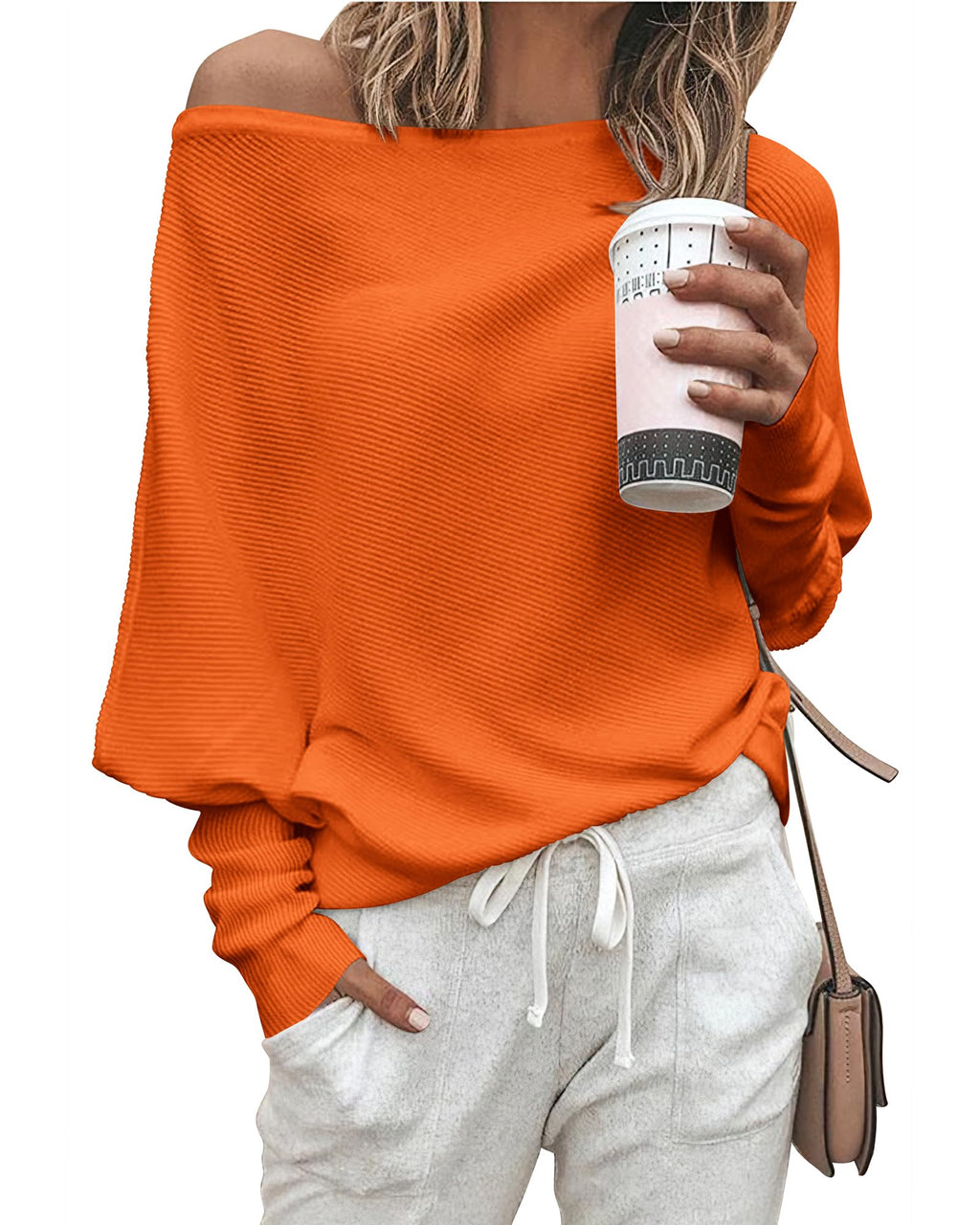 Zenlonr Women's Fall Sweaters 2026 Casual Long Batwing Sleeve Loose Off Shoulder Knit Pullovers Jumper Tops