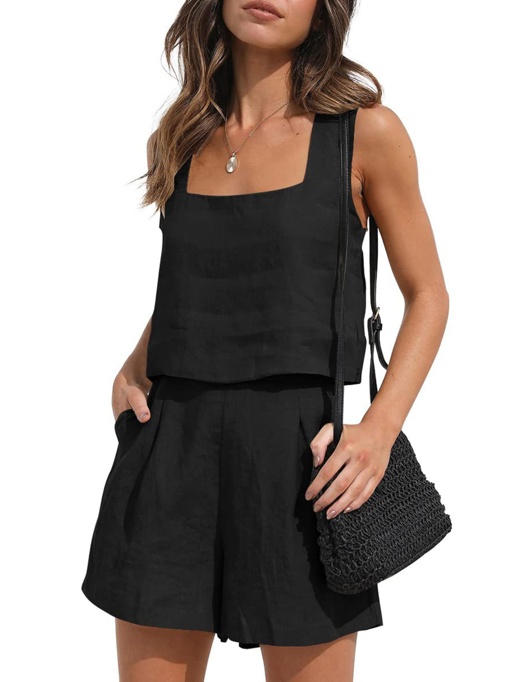 Womens Linen 2 Piece Outfits Lounge Sets sleeveless Tank Tops and High Waist Shorts Summer Vacation Set