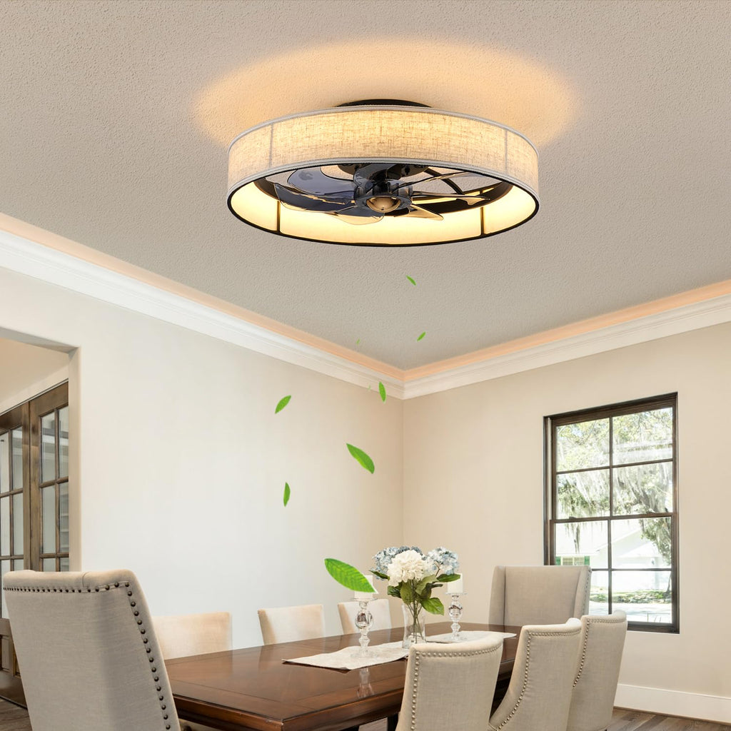 20" Boho Rattan Caged Ceiling Fan with Light,Low Profile Flush Mount Bladeless Ceiling Fan with Remote Control, 6 Speeds Reversible Silent Motor, Farmhouse Fabric Fandalier for Bedroom,Living Room