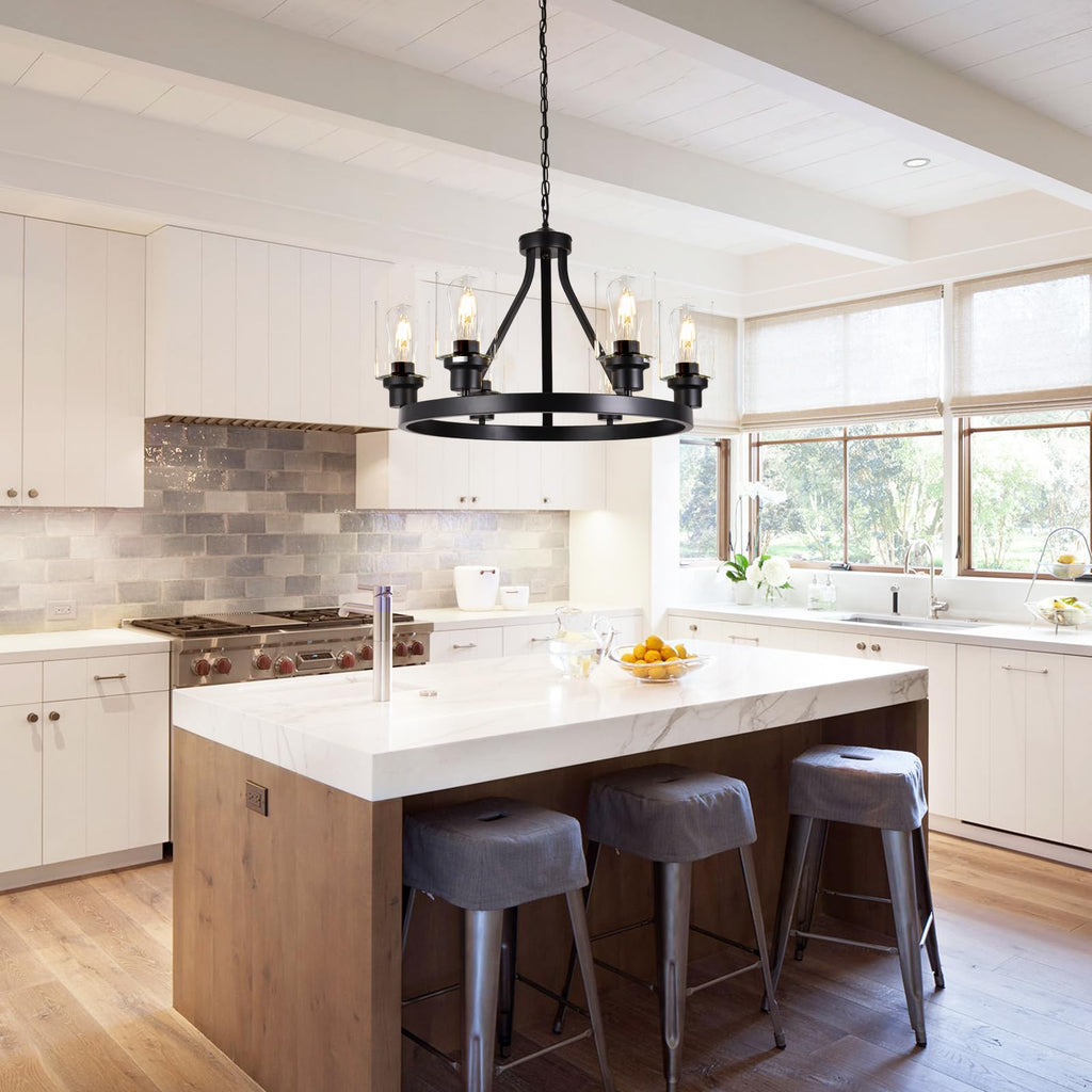 Lanhall 6-Light Modern Dining Room Light Fixture Brushed Nickel Kitchen Chandelier Ceiling Hanging Pendant Lighting with Glass Shade for Living Room Bedroom Entryway Adjustable Height Metal E26