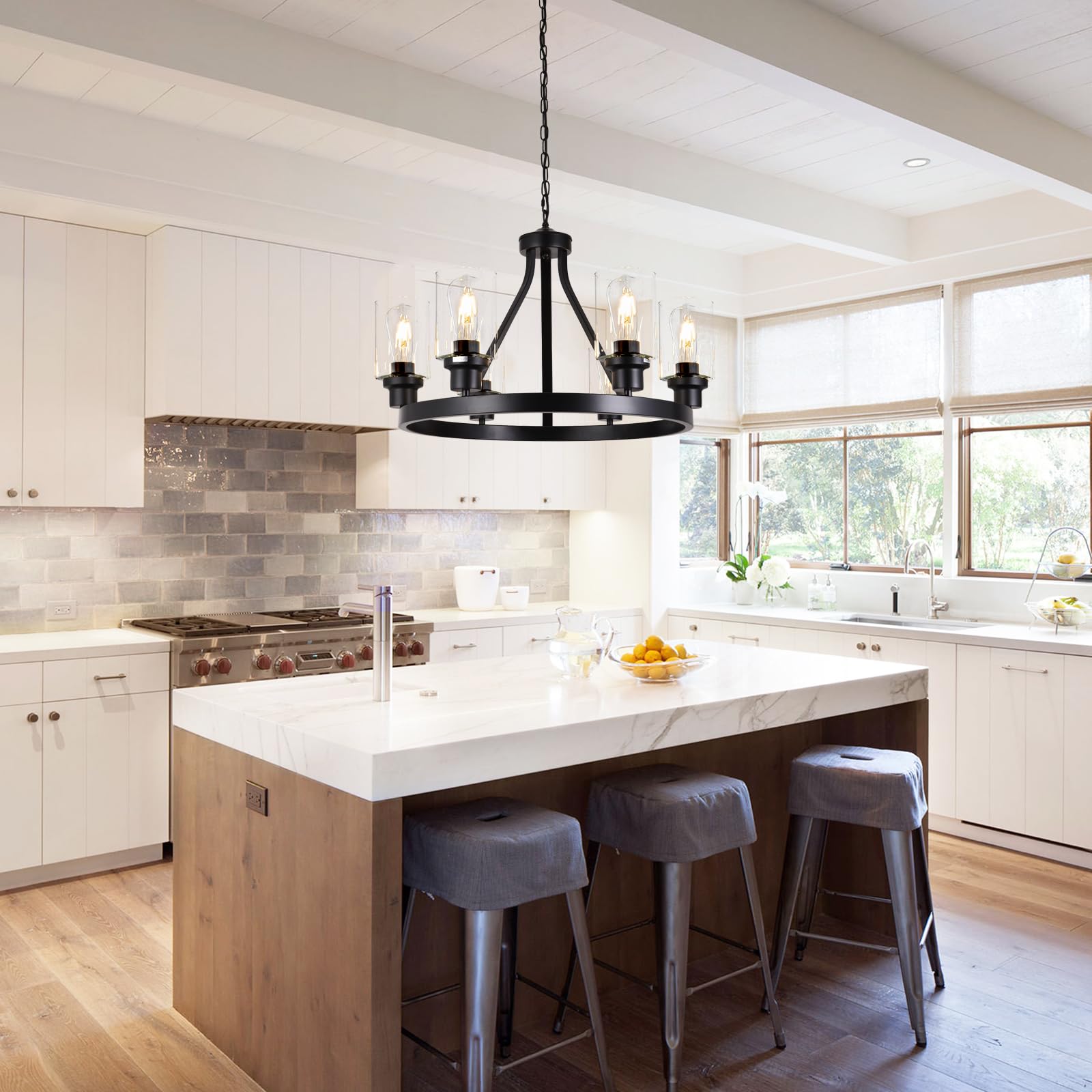 Lanhall 6-Light Modern Dining Room Light Fixture Brushed Nickel Kitchen Chandelier Ceiling Hanging Pendant Lighting with Glass Shade for Living Room Bedroom Entryway Adjustable Height Metal E26