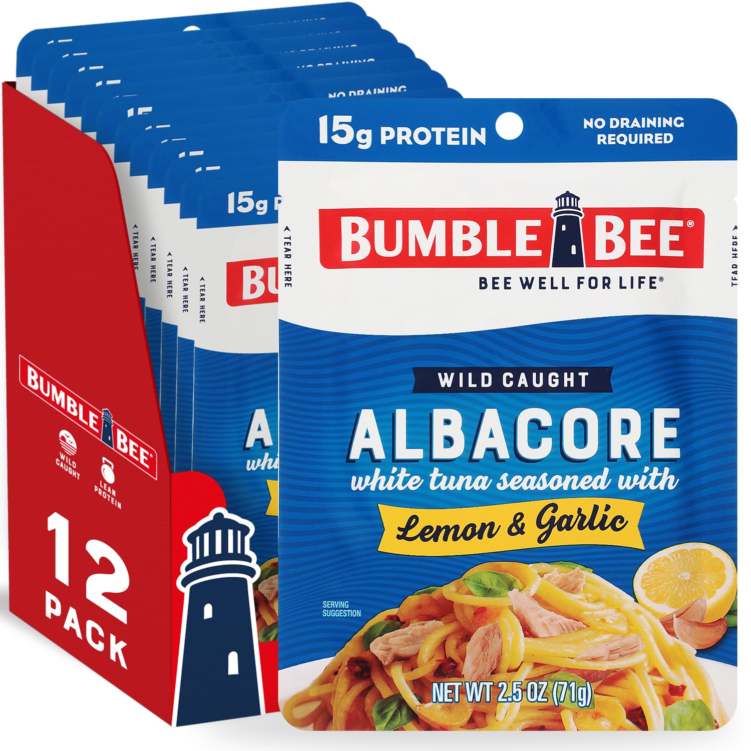 Bumble Bee Lemon & Garlic Seasoned White Albacore Tuna in Water, 2.5 oz Pouch - Wild Caught Tuna - 15g Protein per Serving, High in Omega-3s - Non-GMO, Gluten Free - No Draining Required