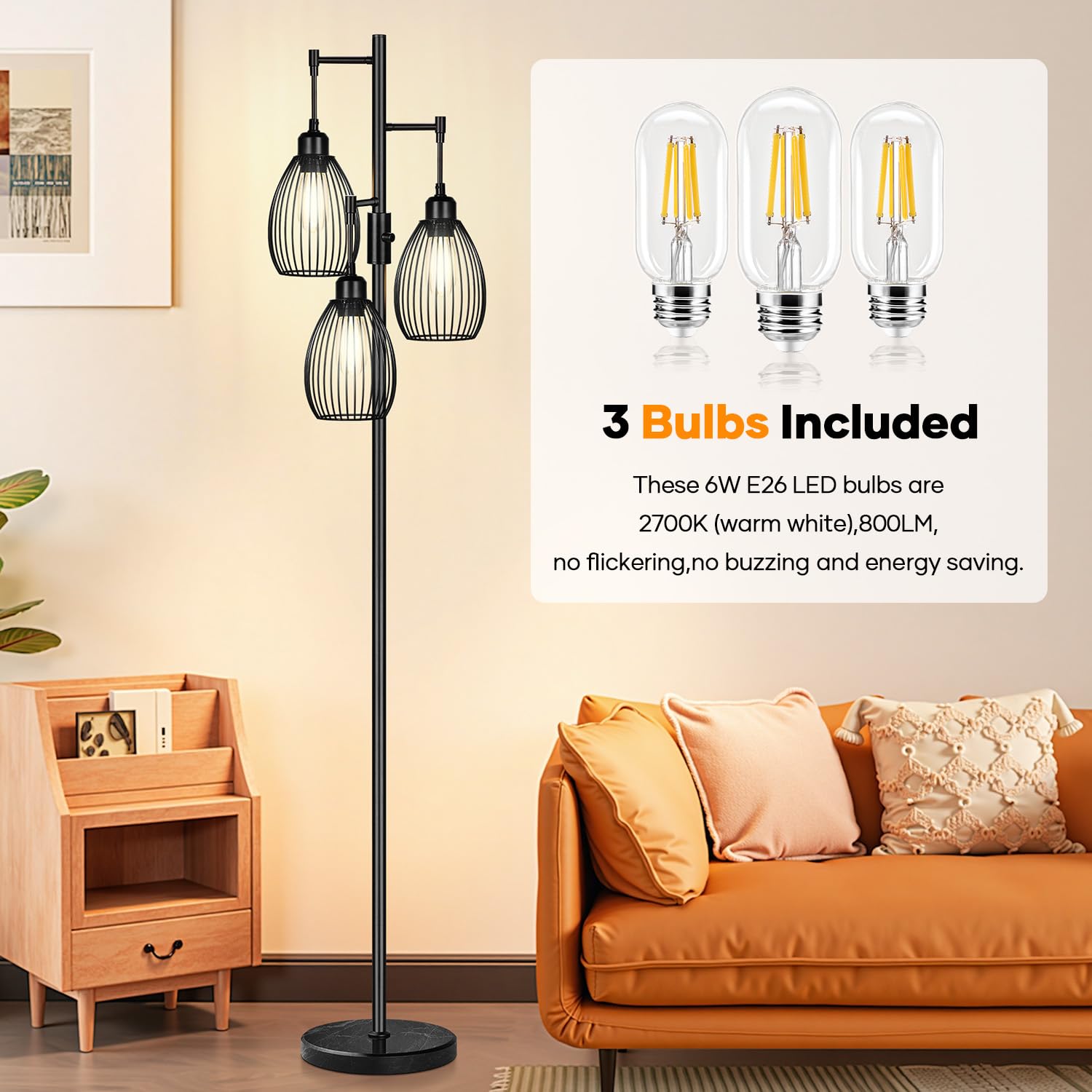 Dimmable Floor Lamp, 3 x 800LM LED Edison Bulbs Included, Farmhouse Industrial Floor Lamp Standing Tree Lamp with Elegant Teardrop Cage Tall Lamps for Living Room Bedroom Office Dining Room-Brass
