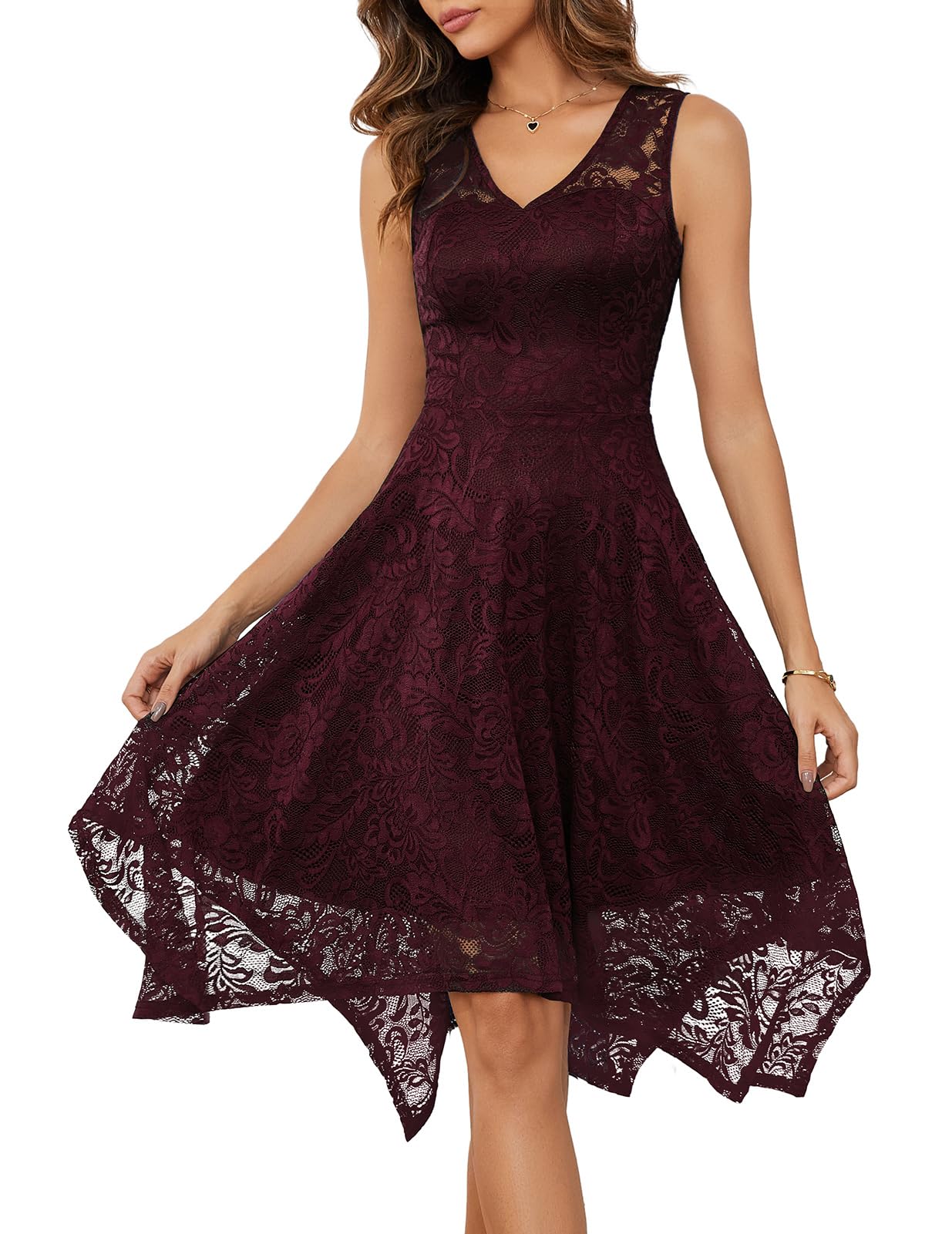 Meetjen Women's Cocktail Party Dresses 2026 Handkerchief Hem Lace Formal Wedding Guest Bridesmaid Fancy Prom Dress