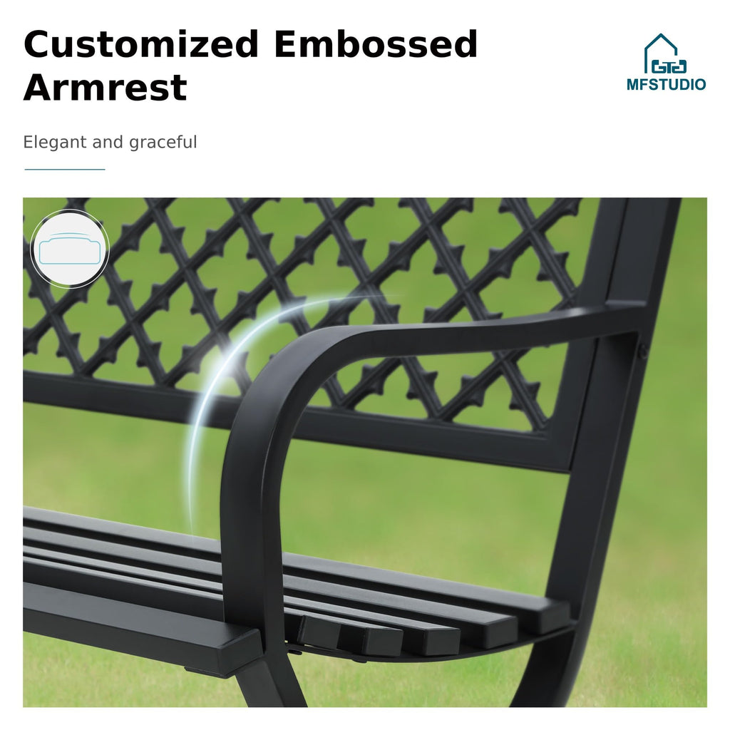 MFSTUDIO 50 Inches Outdoor Garden Bench, Cast Iron Metal Frame Patio Park Bench with Floral Pattern Backrest, Arch Legs for Porch Lawn Garden Yard(Black)