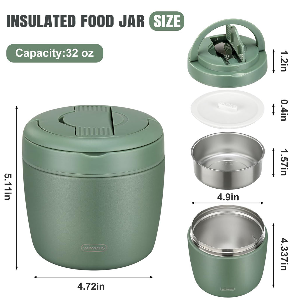 wiwens Thermo Food Jar for Hot Food Adults 32OZ Soup Thermo Lunch Containers Wide Mouth Vacuum Insulated Stainless Steel Leakproof Bento Box with Spoon (Beige)