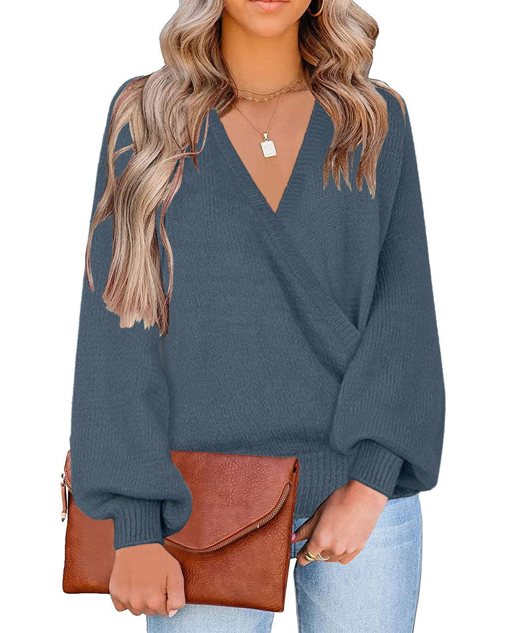 LookbookStore Women's Knit Long Sleeve Faux Wrap Surplice V Neck Sweater Top