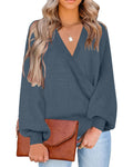 LookbookStore Women's Knit Long Sleeve Faux Wrap Surplice V Neck Sweater Top