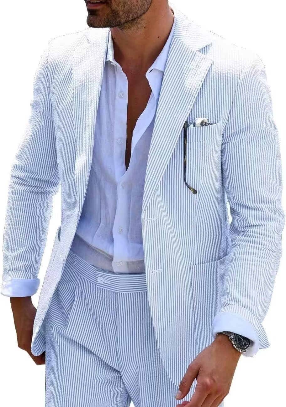 Wehilion Men's Seersucker Summer Suit Groom Wedding Seersucker Outfit Slim Fit Formal Suit Set for Men