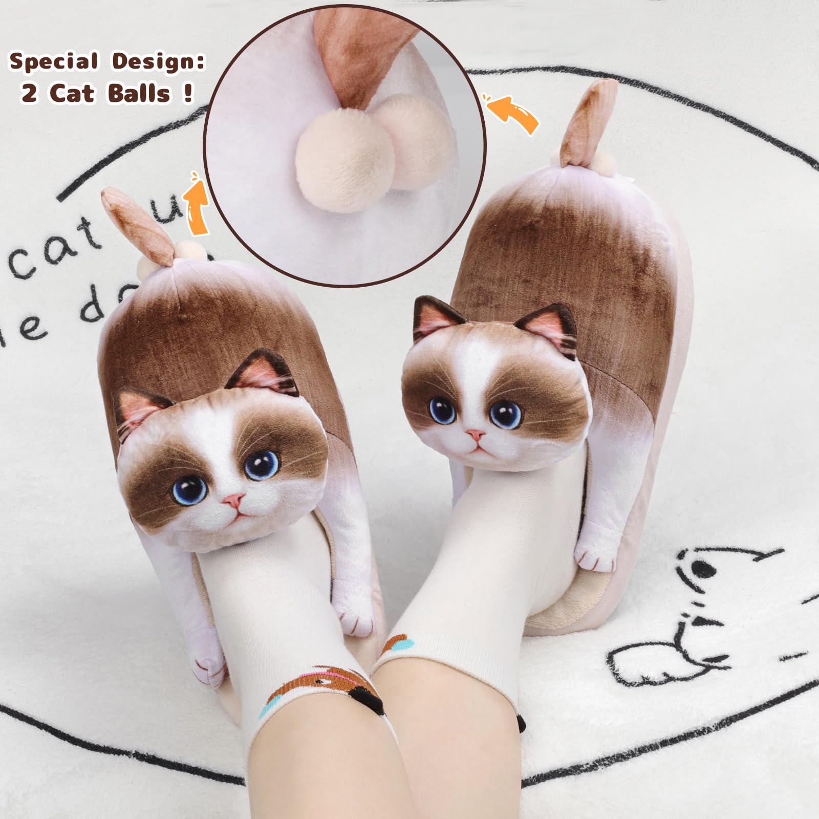 Funny Cat Slippers for Women,Fuzzy Animal Indoor House Shoes with Soft Memory Foam,Comfy Plush Warm Slip-on Slippers,Cat Gifts for Cat Lover