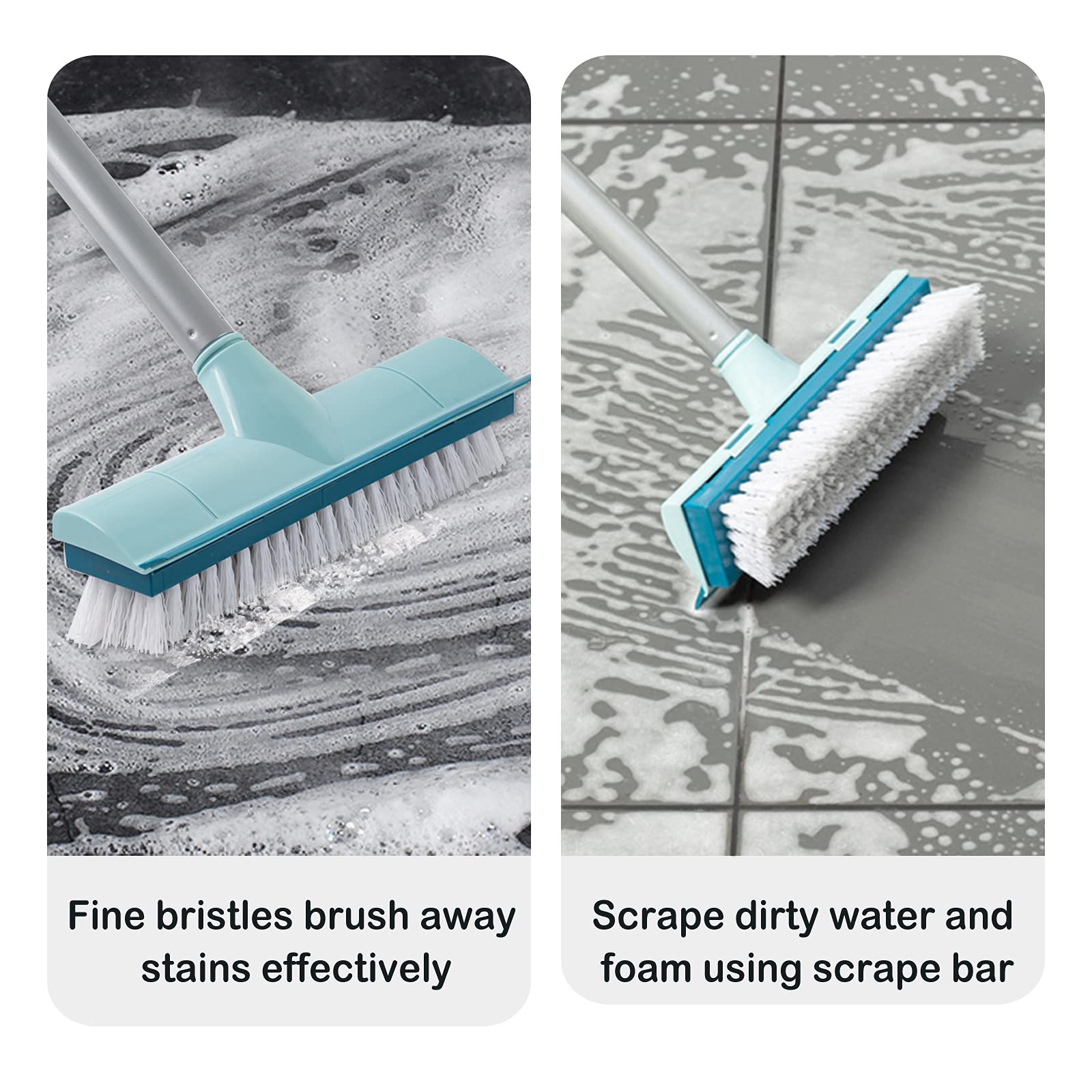 BOOMJOY Floor Scrub Brush with 57" Long Handle, 12" Wide Head, 2 in 1 Scrape and Brush, Stiff Bristle for Cleaning Bathroom, Patio, Kitchen, Tile, Wall and Deck
