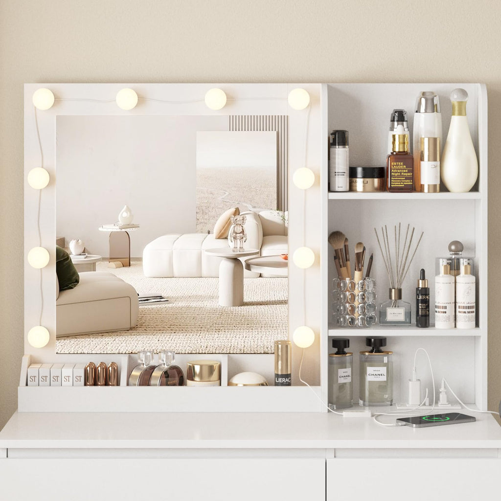 Vabches Makeup Vanity with Lights, 37inch Vanity Desk, 4 Large Drawers Dresser with Lighted Mirror, 3 Lighting Modes Brightness Adjustable, White