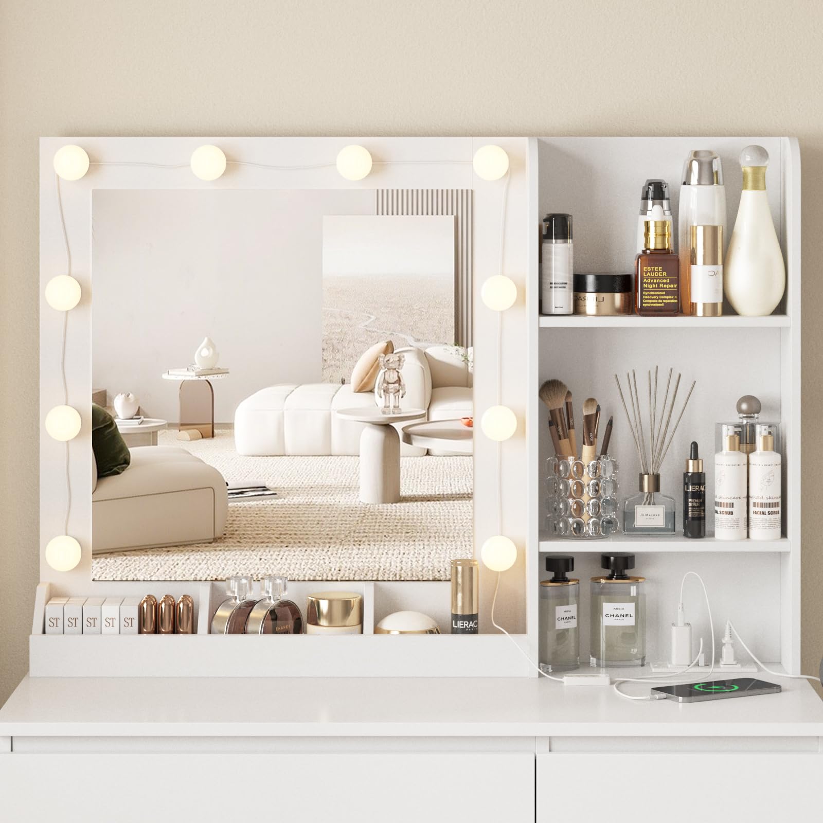 Vabches Makeup Vanity with Lights, 37inch Vanity Desk, 4 Large Drawers Dresser with Lighted Mirror, 3 Lighting Modes Brightness Adjustable, White