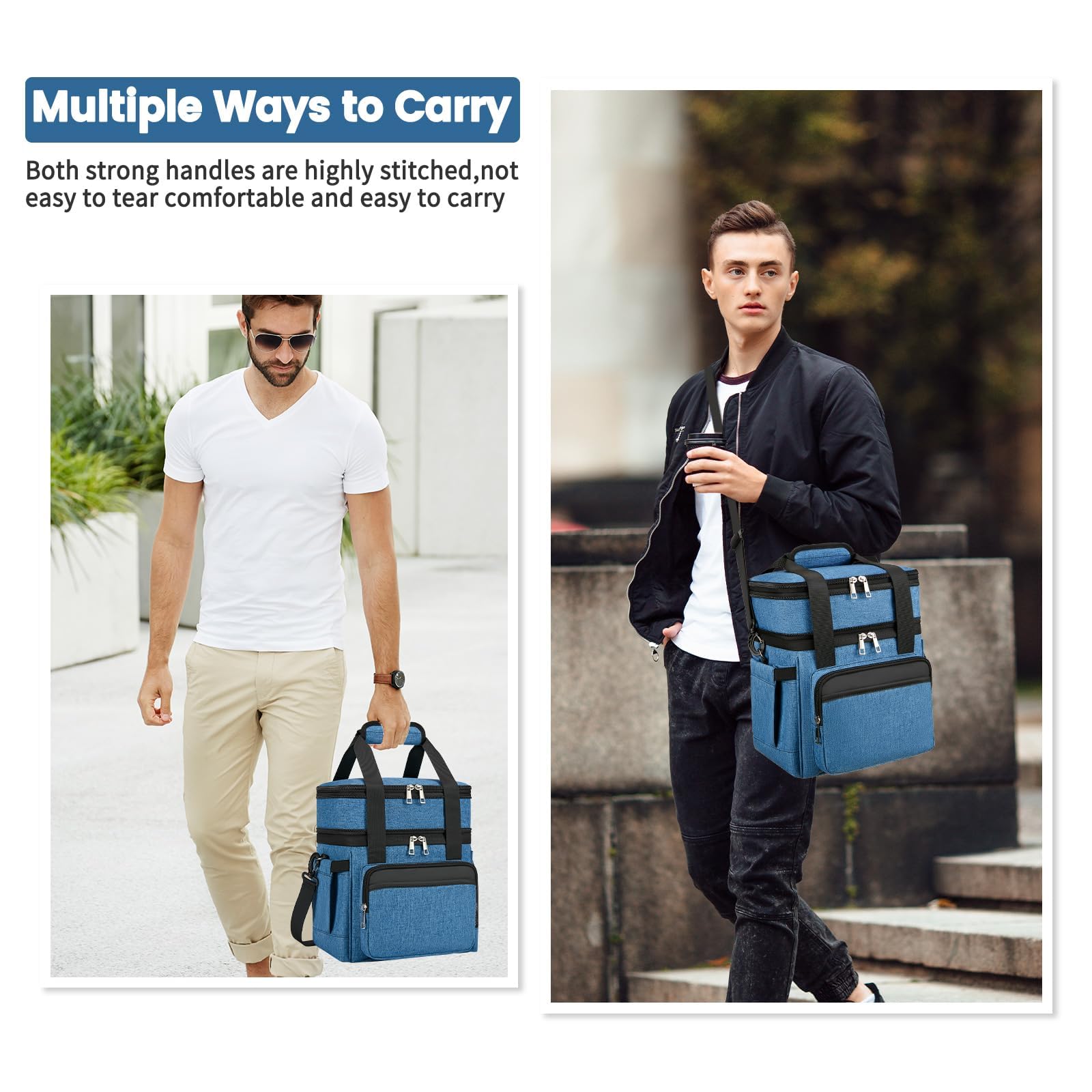 holuxer Insulated Lunch Bag & Lunch Box for Men - Double Deck Reusable Lunch Bag for Women Tote Cooler Bag Leakproof Soft Expandable - Large Lunchbox for Work/Adult/Picnic/Outdoor (Black，15L)
