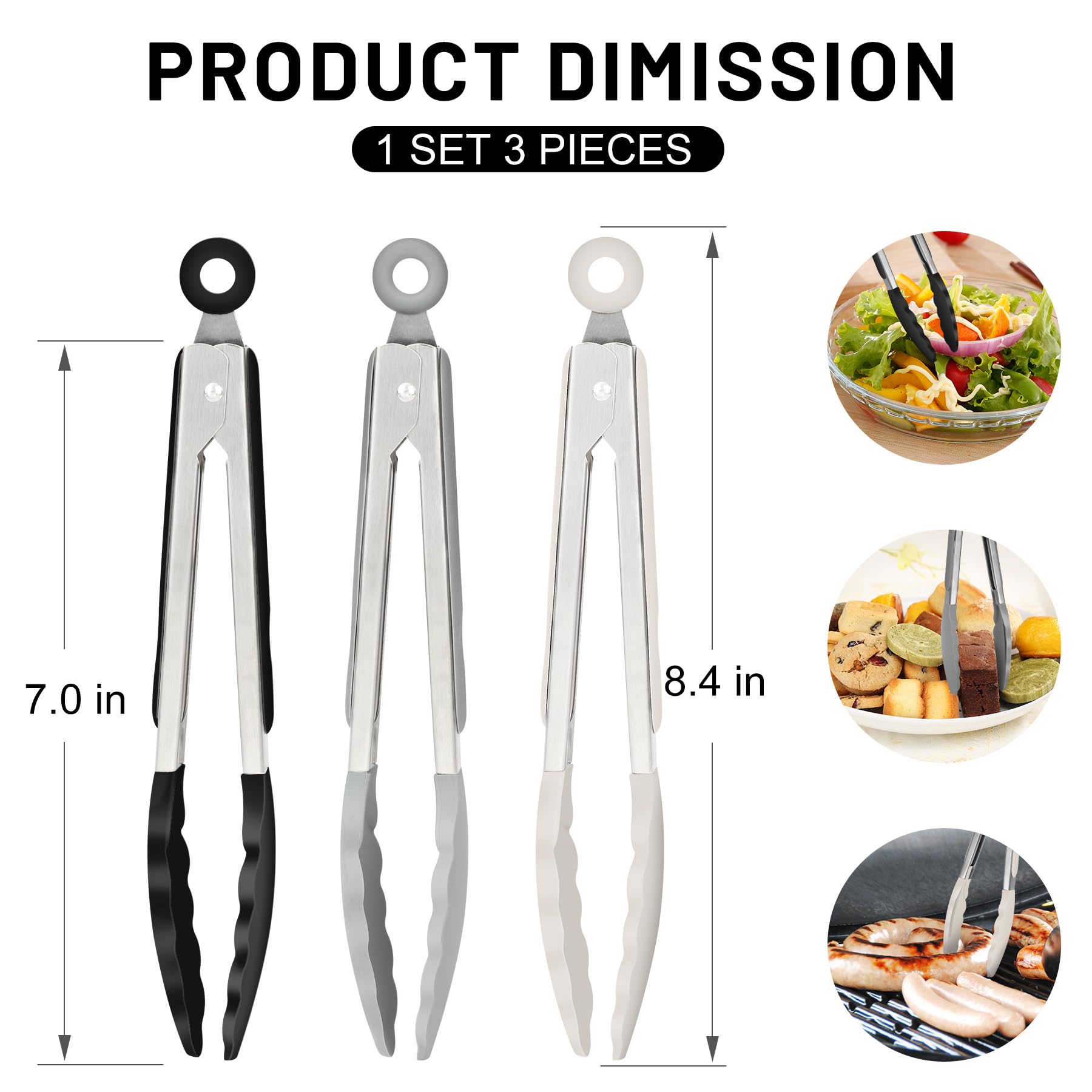 Hotec Mini Silicone Kitchen Tongs for Cooking - 7-Inch Small Serving Tongs with Silicone Tips, Set of 3 (Black)