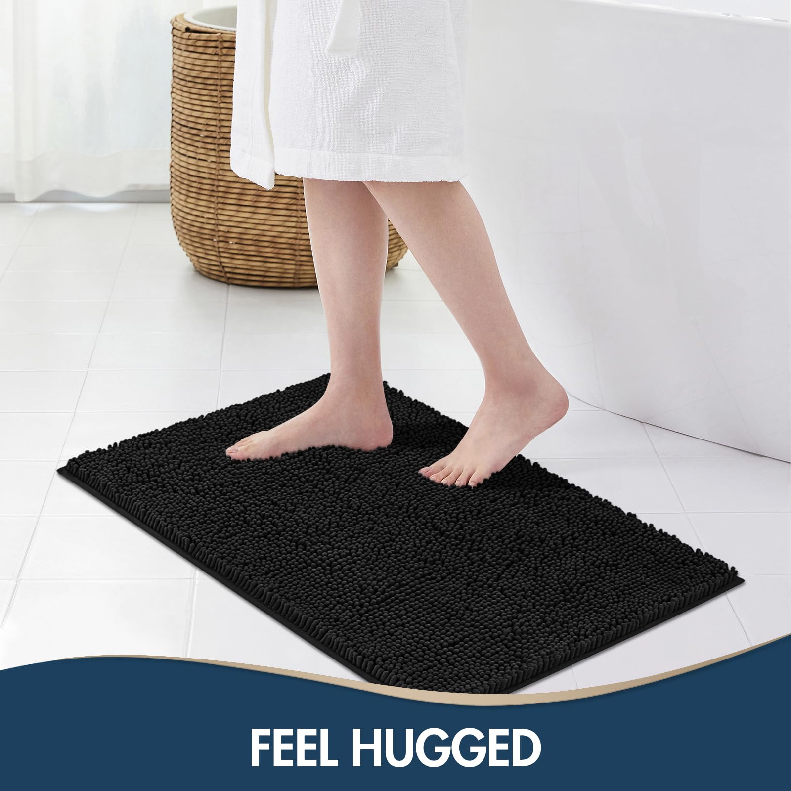 TREETONE Chenille Bath Mat 3 Pieces Bathroom Rugs Set, 20x20 Inches U-Shape Contoured Toilet Mat & 20x32 Inches Rug & Lid Cover,Water Absorbent Plush Rugs for Tub Shower & Bath Room -Beige