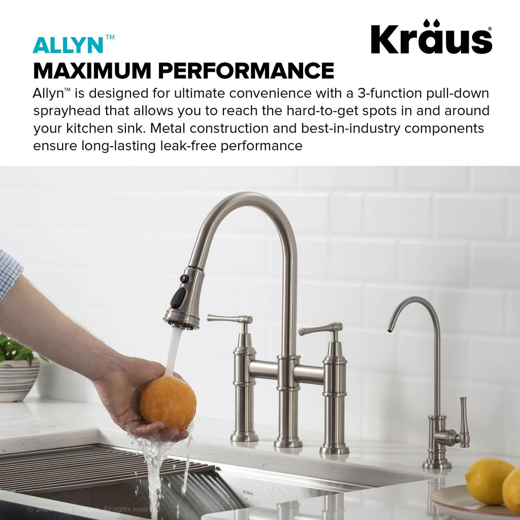 KRAUS Allyn Transitional Bridge Kitchen Faucet with Pull-Down Sprayhead in Brushed Gold, KPF-3121BG