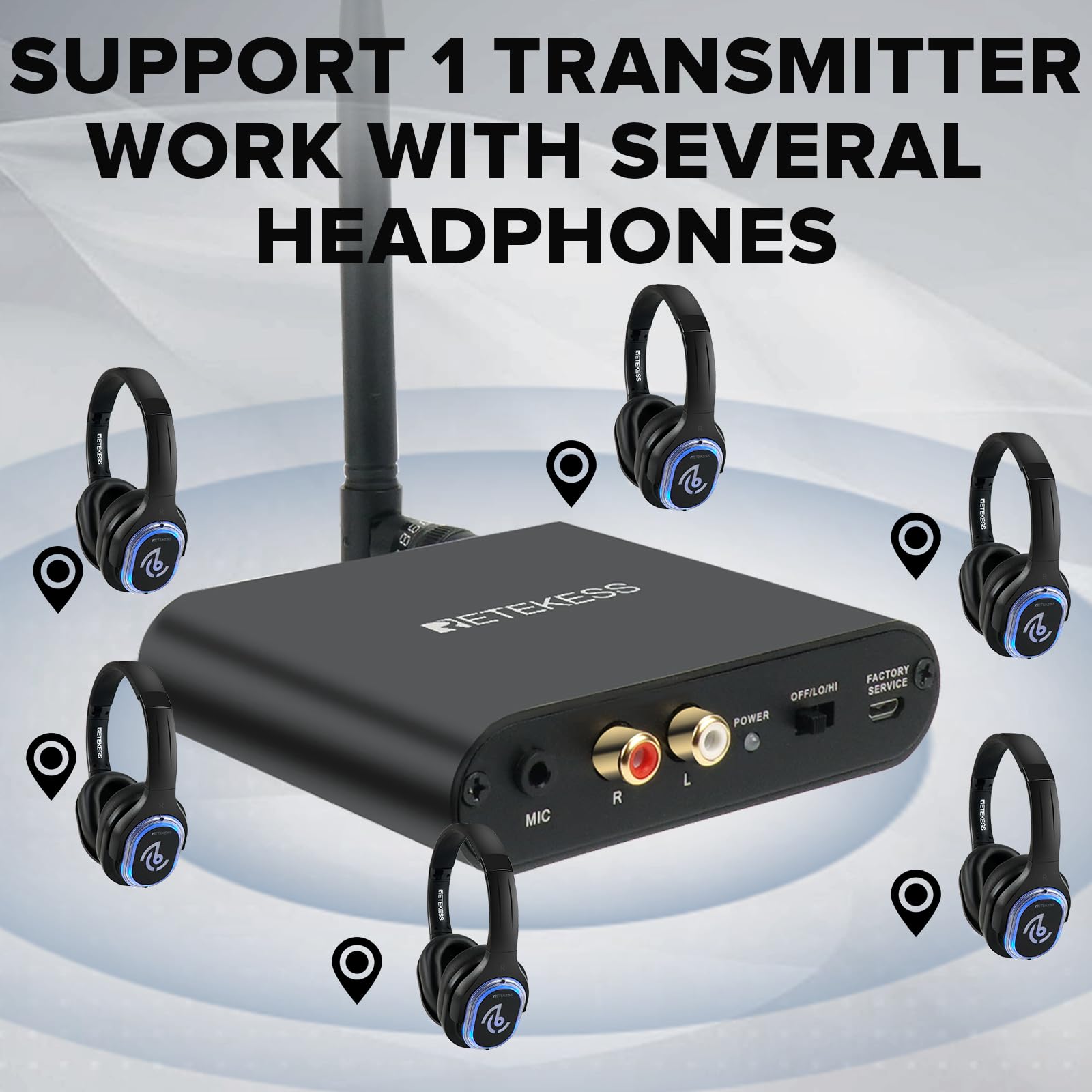 Retekess TA003 Silent Disco System, Silent Disco Transmitter, 3 Channels,Plug and Play, 300m Range for House Party, Fitness and School (1 Transmitter)