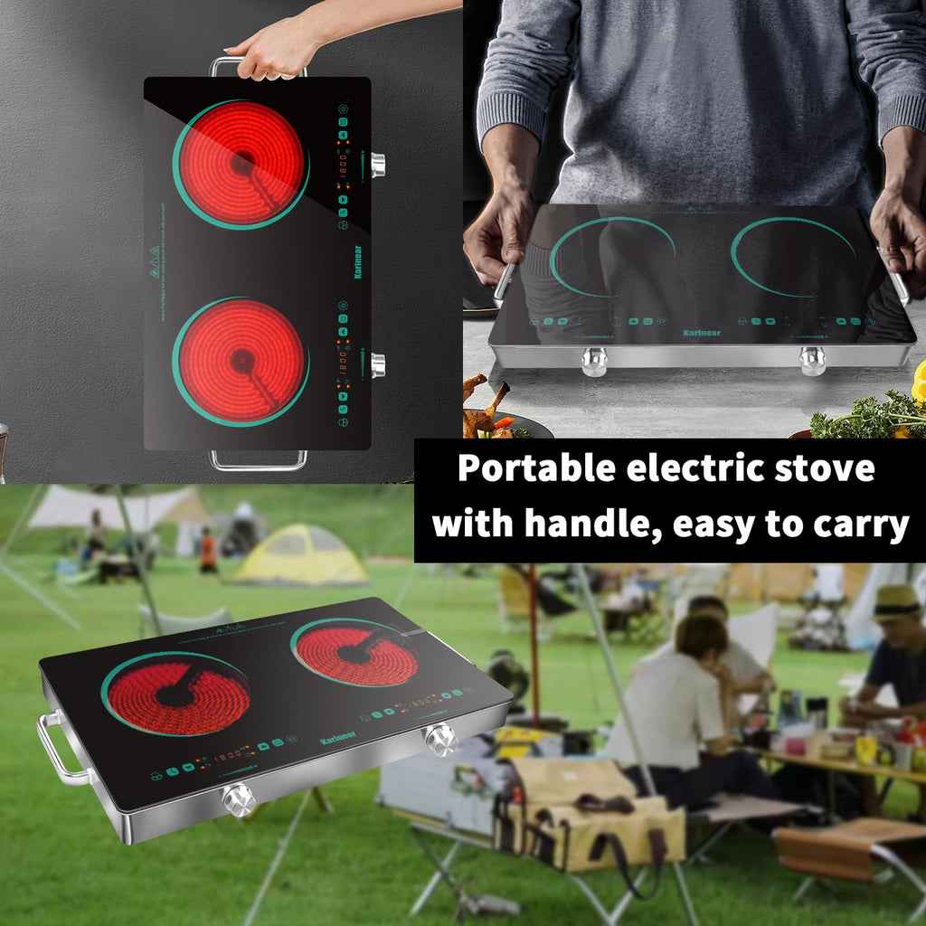 Karinear Portable Electric Stove 110V, 1800W Electric Hot Plate with Handle, Knob Control Single Burner Electri Cooktop, Ceramic Infrared Countertop Burner, Timer, Safety Lock(Green)