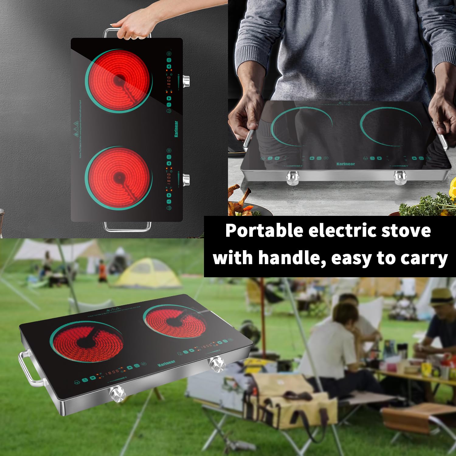 Karinear Portable Electric Stove 110V, 1800W Electric Hot Plate with Handle, Knob Control Single Burner Electri Cooktop, Ceramic Infrared Countertop Burner, Timer, Safety Lock(Green)