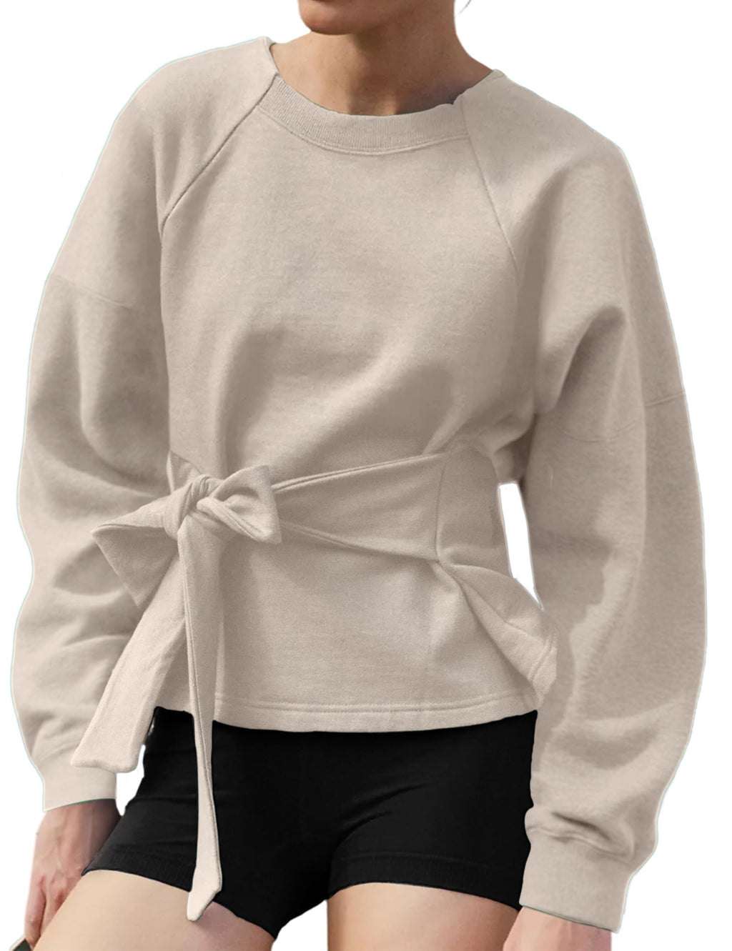 Zhiyouni Women's Long Sleeves Shirt Tops Casual 2026 Fall Fashion Crewneck Tie Knot Sweatshirt Pullover