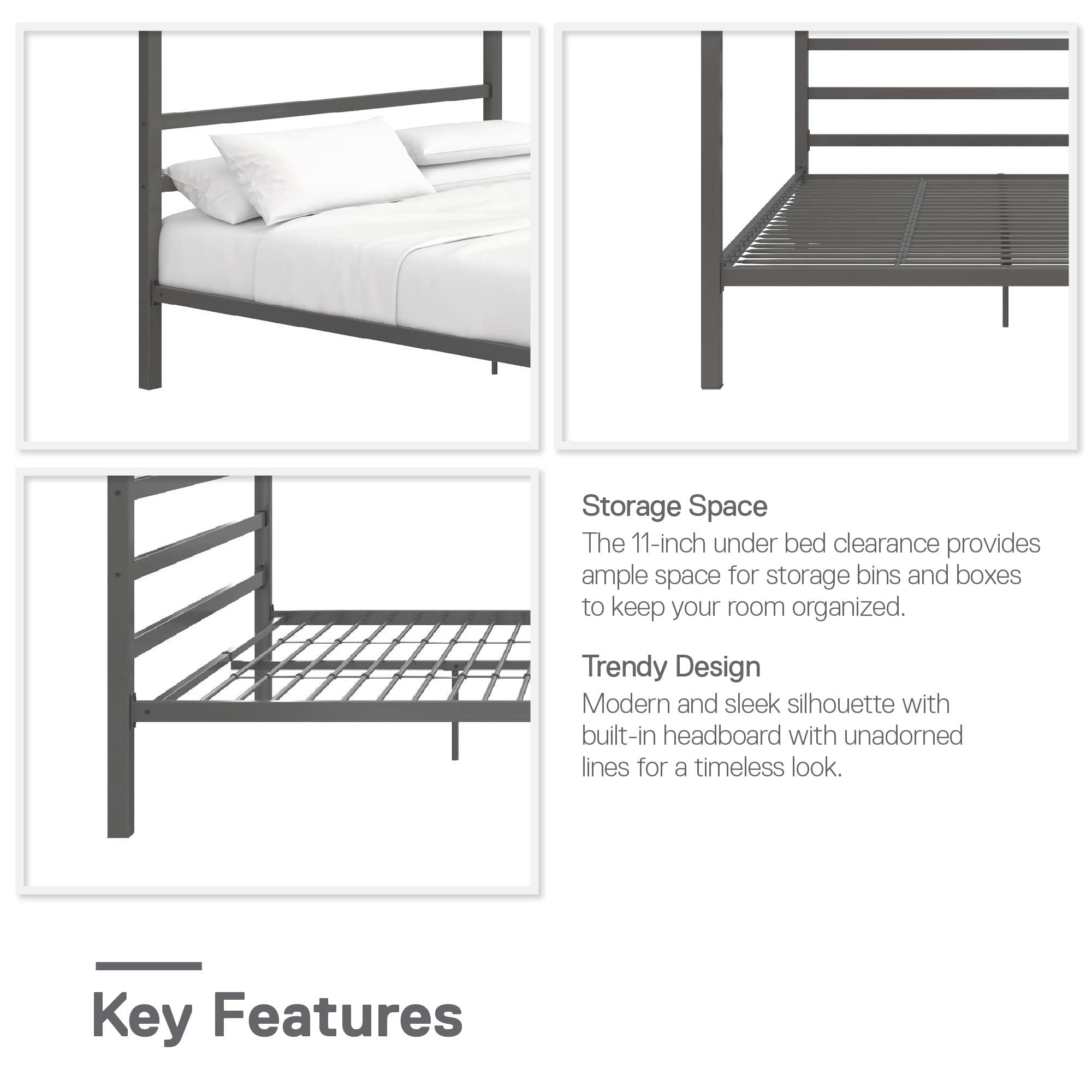 DHP King Metal Canopy Bed, Modern Design with Built-In Headboard, Sturdy Frame, No Box Spring Needed, Gunmetal Gray
