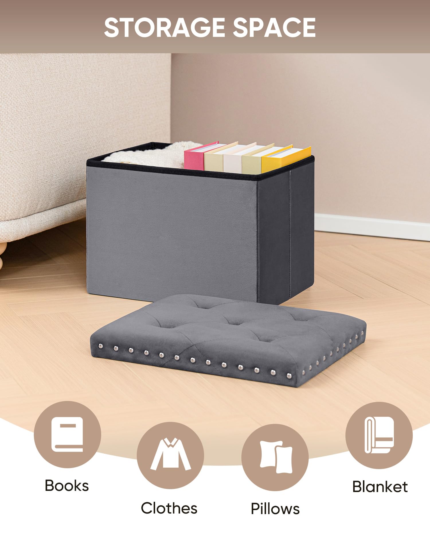 B FSOBEIIALEO Storage-Ottoman Cube-Folding Tufted - Ottomans with Storage, Coffee Table Top Cover, Storage Boxes Footrest Stool for Bedroom, Luxury Velvet Fabric 15.7 Inches Black