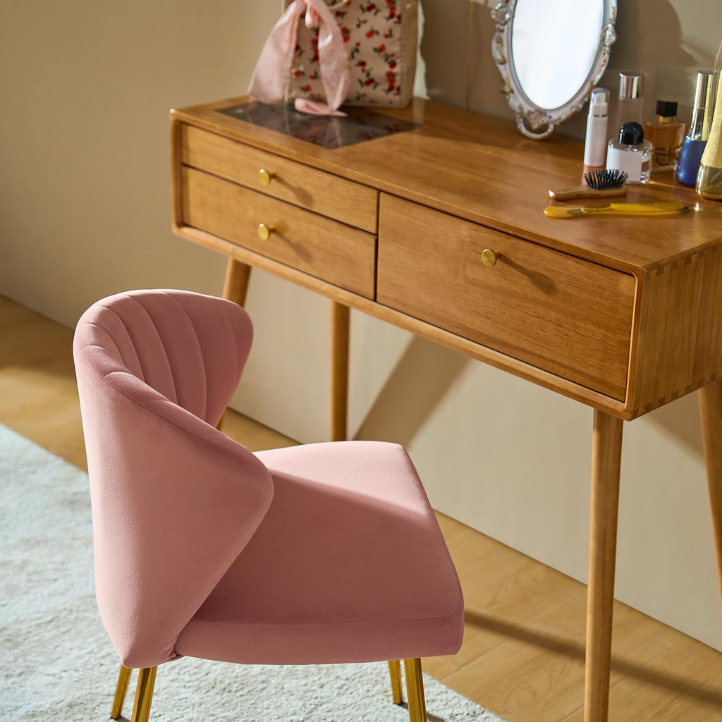 HULALA HOME Velvet Dining Chairs, Modern Small Armless Accent Chair with Gold Metal Legs, Living Room Upholstered Cute Side Chair, Elegant Tufted Back Vanity Chair for Bedroom, Auburn