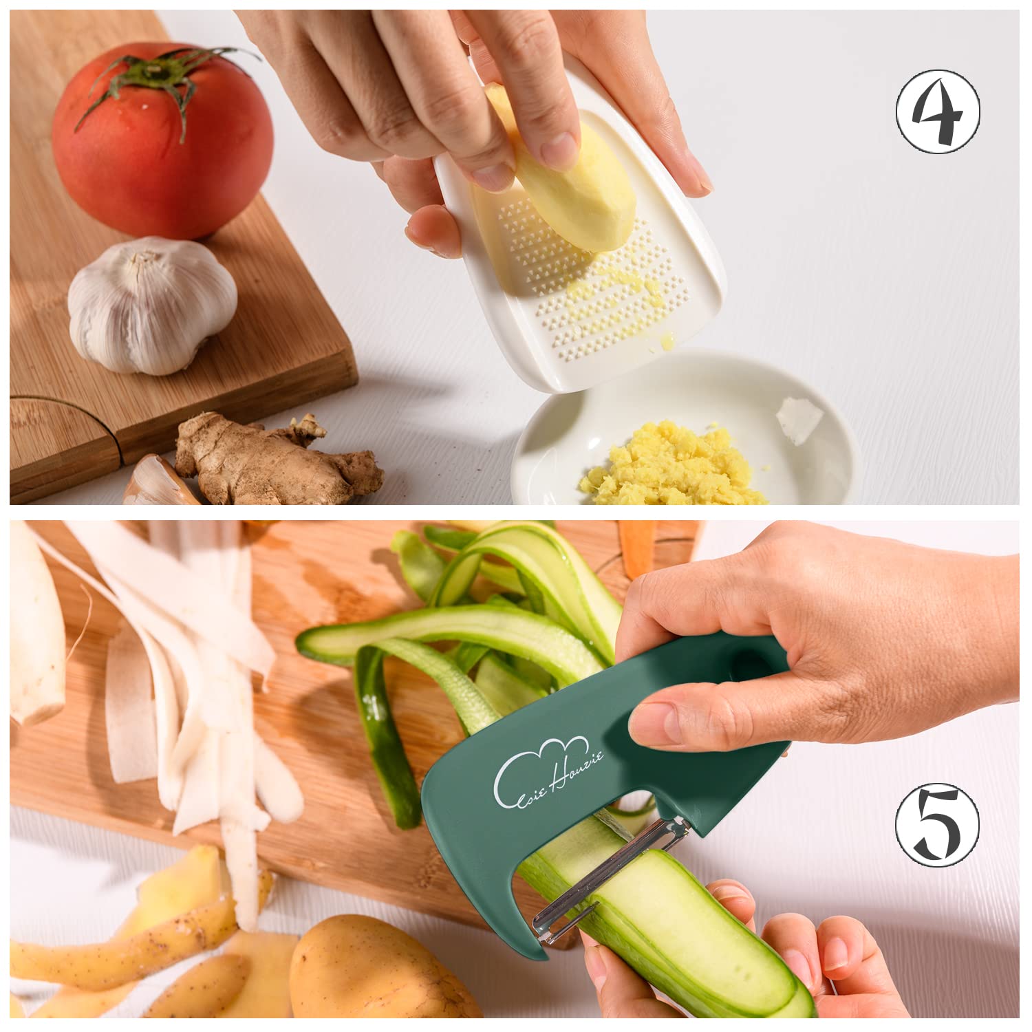 5 Pieces Kitchen Gadgets Set - Space Saving Cooking Tools Accessories Cheese Chocolate Grater, Fruit Vegetable Peeler, Bottle Opener, Pizza Cutter, Burlap Bags with Drawstring Gift Set