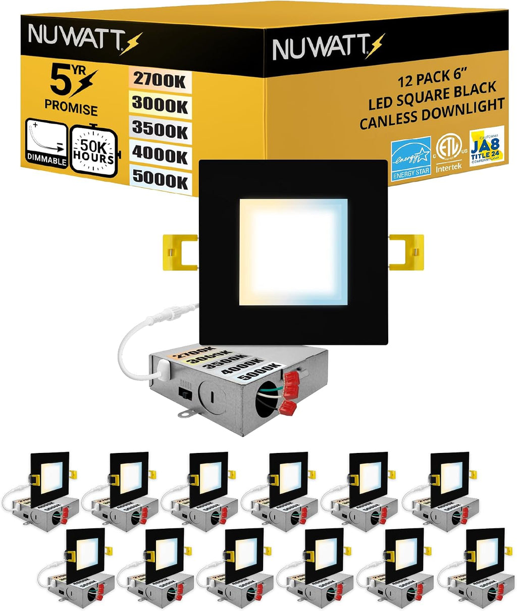 NUWATT 12 Pack 6 Inch Square Ultra-Thin LED Recessed Lighting, Selectable 2700K/3000K/3500K/4000K/5000K, High Brightness 1050 Lumens, Dimmable Black Slim Wafer Light, IC Rated, Metal Junction Box