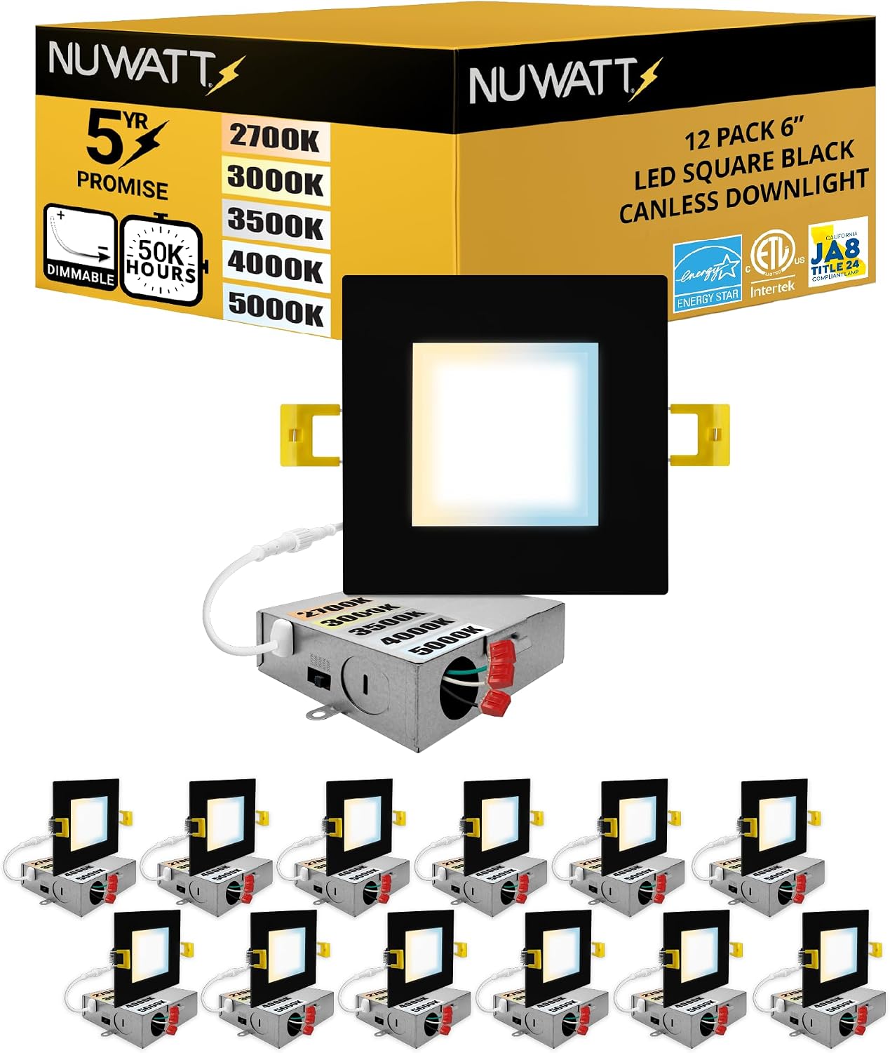 NUWATT 12 Pack 6 Inch Square Ultra-Thin LED Recessed Lighting, Selectable 2700K/3000K/3500K/4000K/5000K, High Brightness 1050 Lumens, Dimmable Black Slim Wafer Light, IC Rated, Metal Junction Box