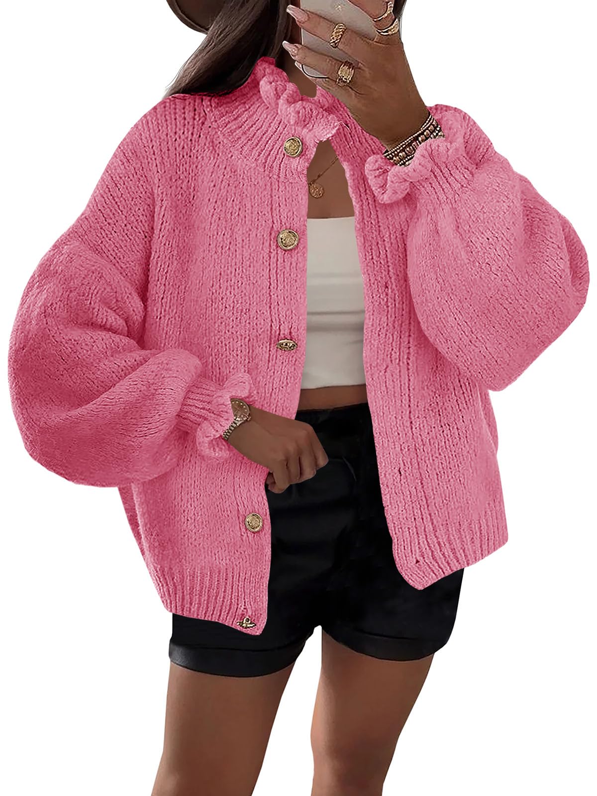 Saodimallsu Womens Ruffle Cardigan Oversized Button Up Fall Trendy Ribbed Knit Open Front Long Sleeve Loose Cute Sweater
