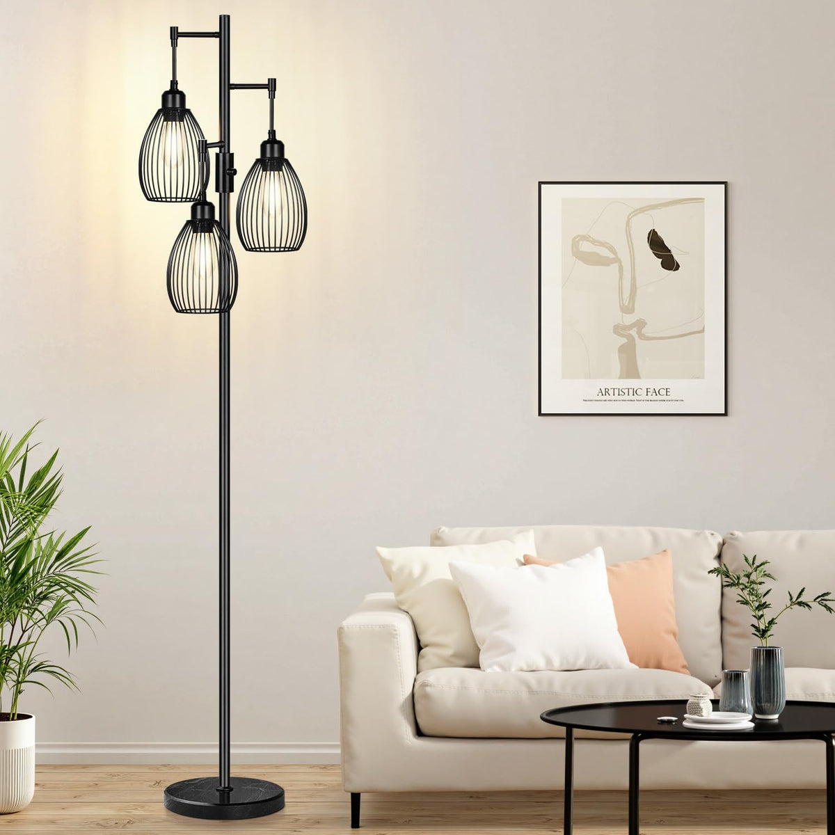 Dimmable Floor Lamp, 3 x 800LM LED Edison Bulbs Included, Farmhouse Industrial Floor Lamp Standing Tree Lamp with Elegant Teardrop Cage Tall Lamps for Living Room Bedroom Office Dining Room-Brass