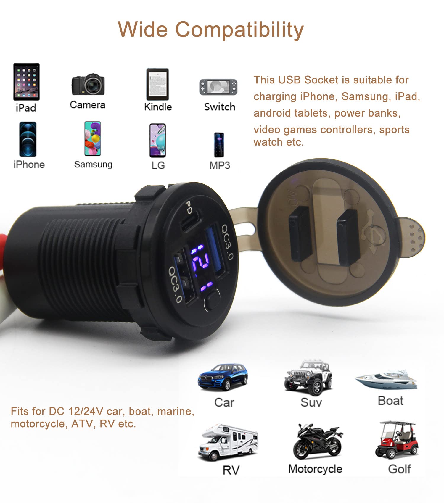 12V USB Outlet, Dual USB C Car Charger Socket & Quick Charge 3.0 Port with Voltmeter and Power Switch for Car Boat Marine Truck