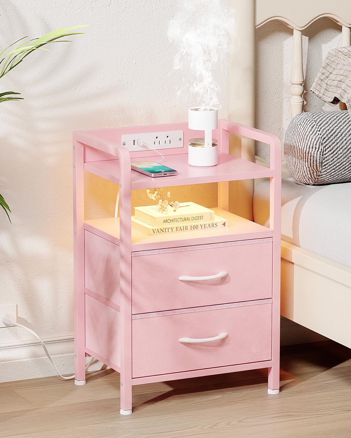 Lazzanto Night Stand Bedside Charger Bedroom - Nightstand with Charging Station & LED Light Strip, Night Stand with Storage Shelf & 2 Fabric Drawers, Morden End Table with U-S-B Ports & AC Outlets