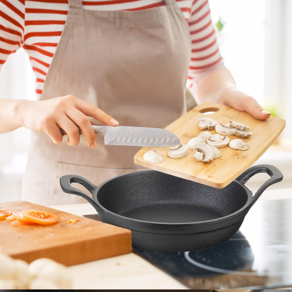 Sliner 4 Sets Mini Cast Iron Skillet Small Cast Iron Plates Skillet with Wooden Base Small Round Pan Fajita Plate Pot for Baking Cooking(3.9 Inch)