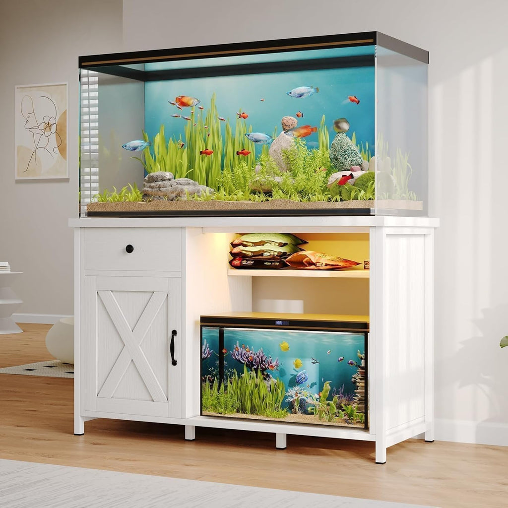 4ever2buy 55-75 Gallon Fish Tank Stand with Power Outlets, LED Light, Heavy Duty Aquarium Stand with Cabinet for Fish Tank Accessories Storage, for Turtle Tank, Reptile Terrarium, 1100LBS, Black