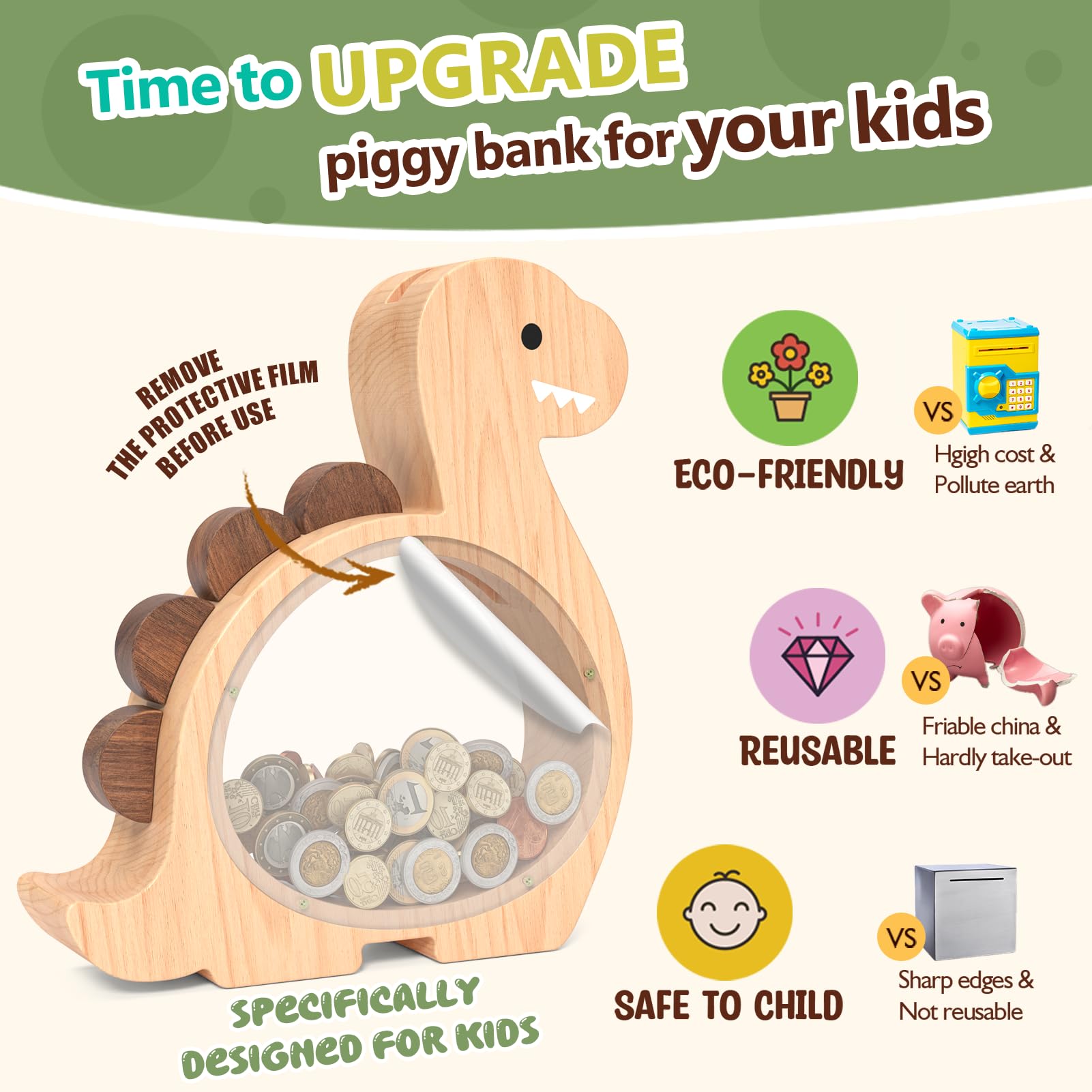 Summidate Wooden Dinosaur Piggy Bank for Kids Boys, Cute Wood Dino Money Bank for Toddlers, Creative Saving Coin Jar, Personalized Present for Child Birthday & Decor (Brachiosaurus, Custom)